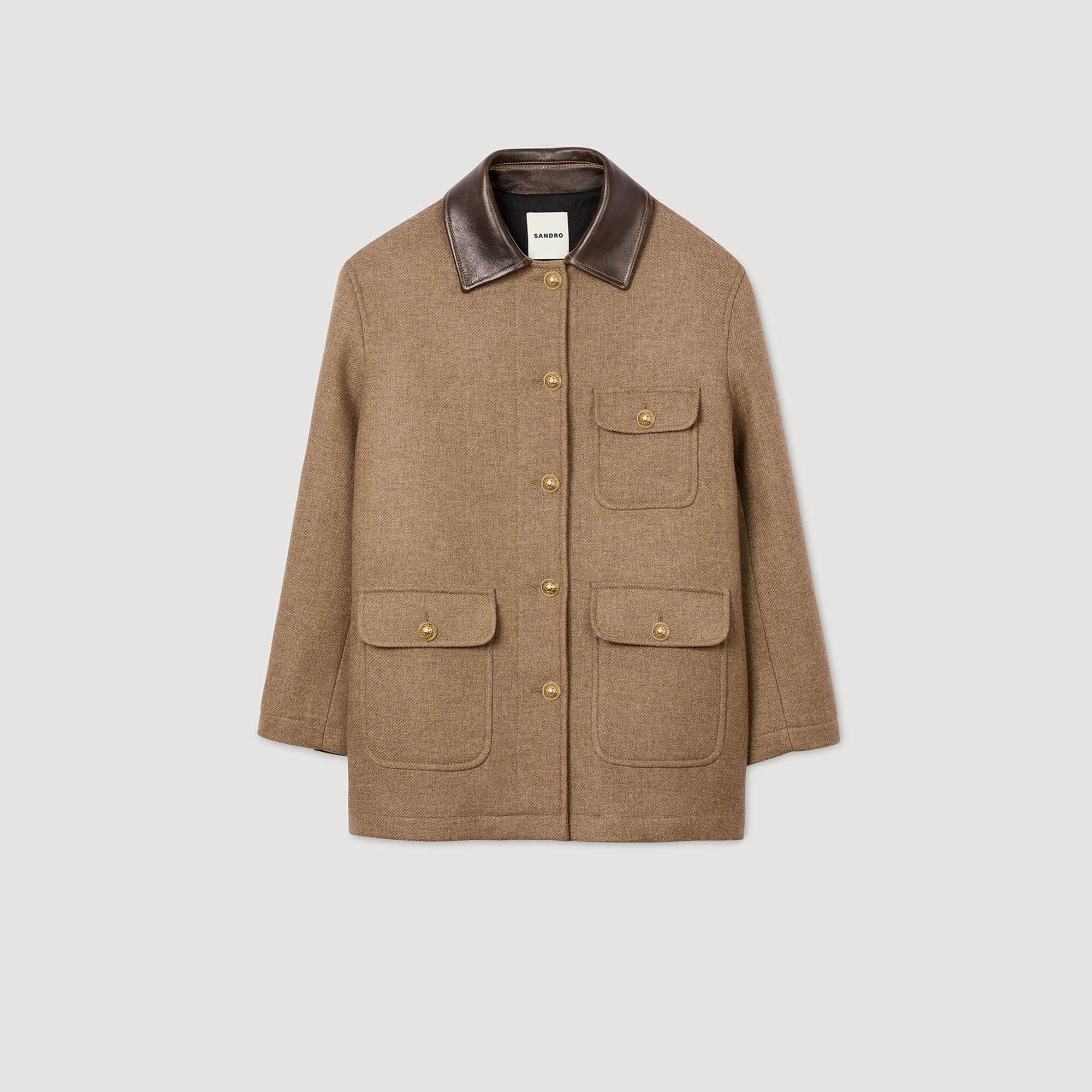 Manteau en tweed à col en cuir