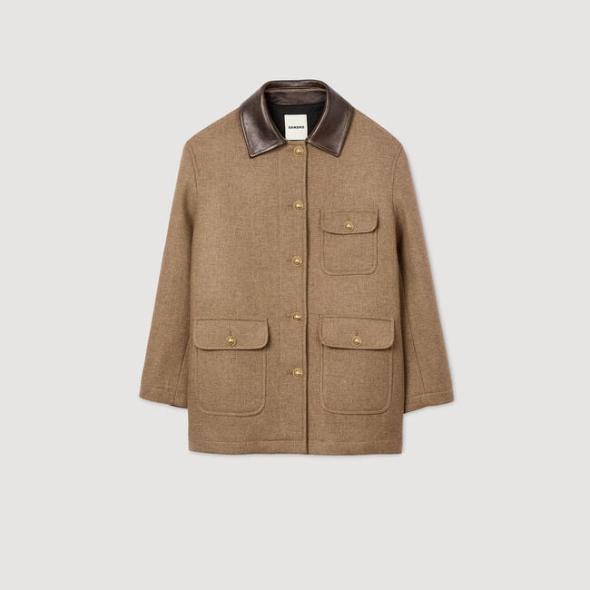 Manteau en tweed à col en cuir