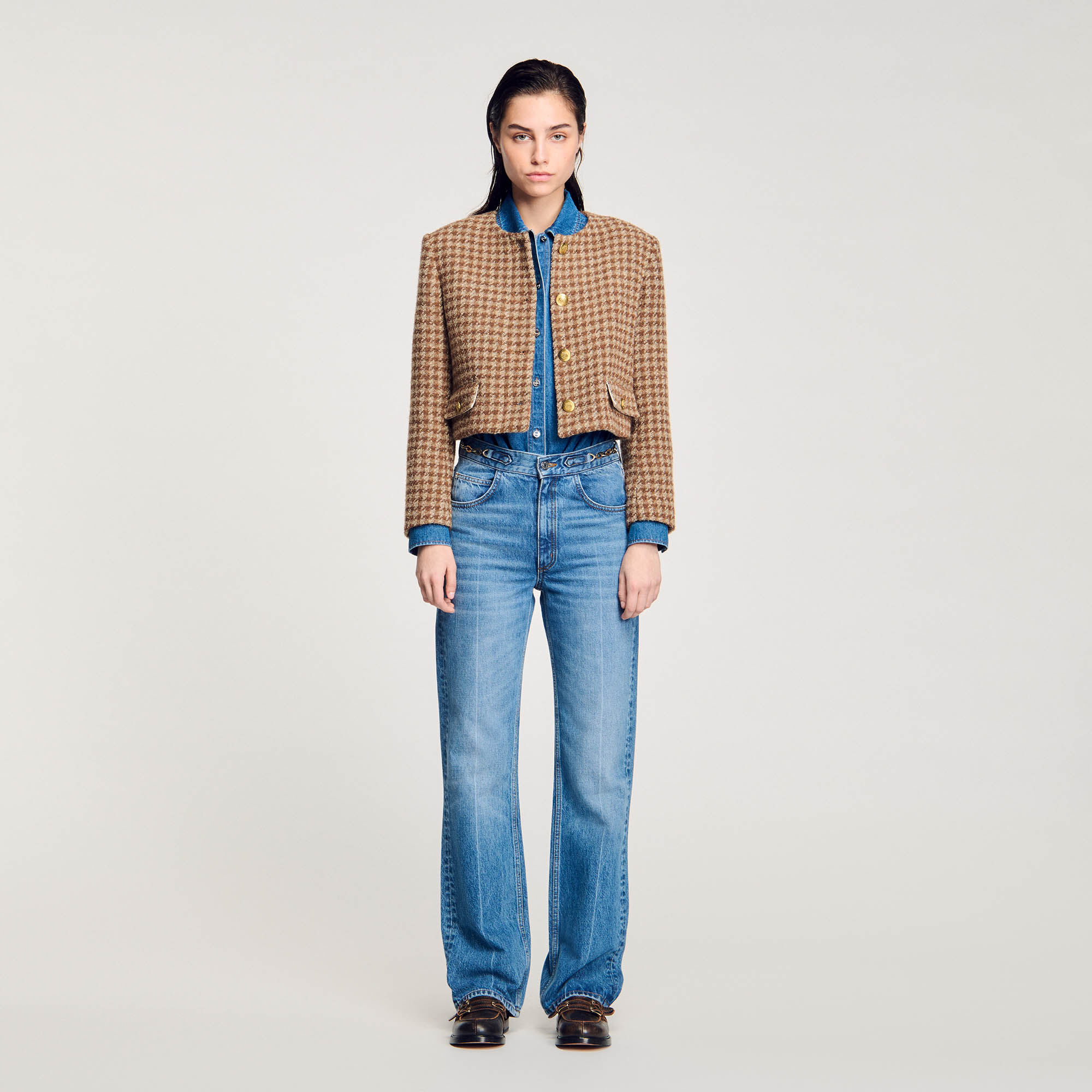 Veste courte a carreaux marron pour femme Sandro Paris