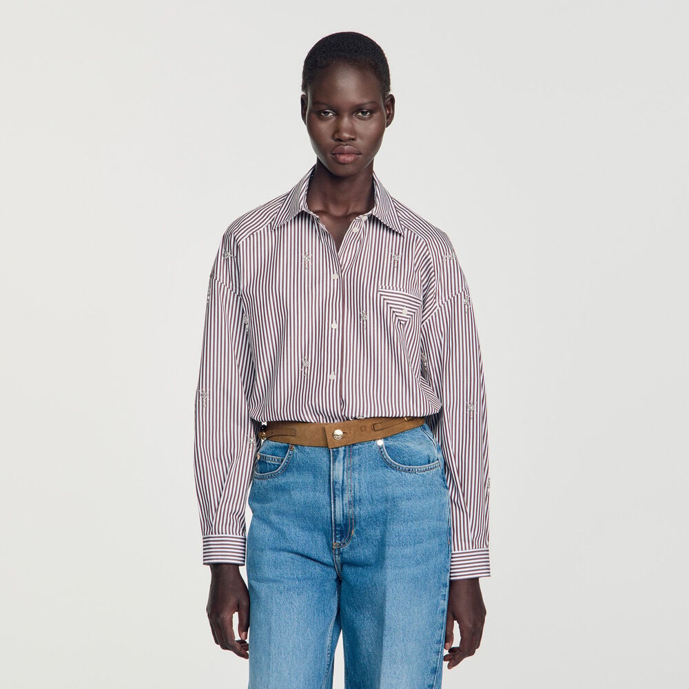 Sandro Chemise oversize à rayures strassée – Marron – vue 4