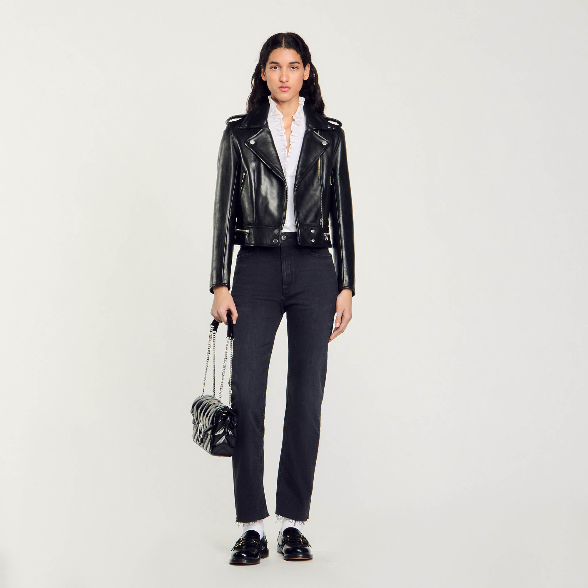 Blouson en cuir gris noir pour femme Sandro Paris