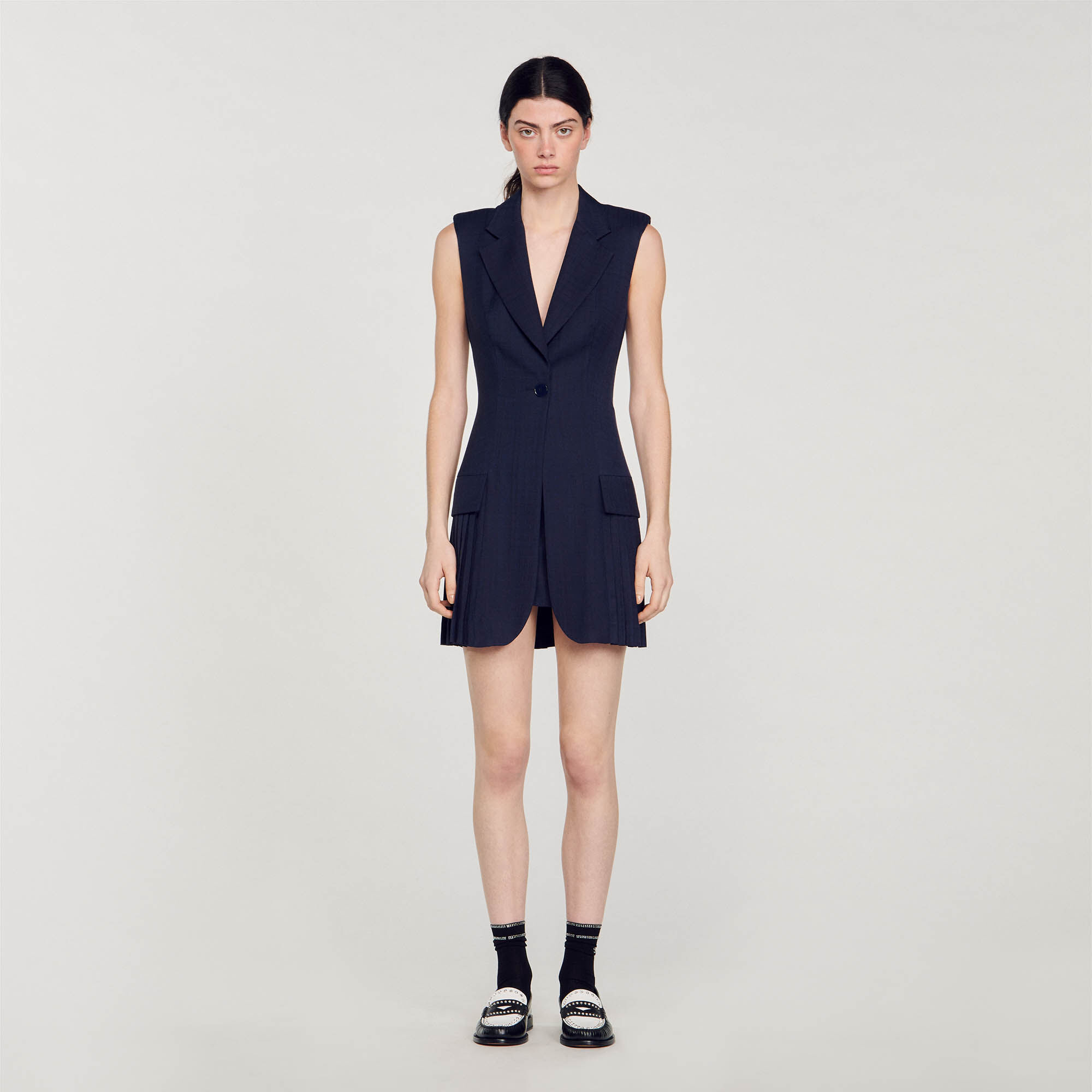 Robe courte tailleur plissee bleu pour femme Sandro Paris