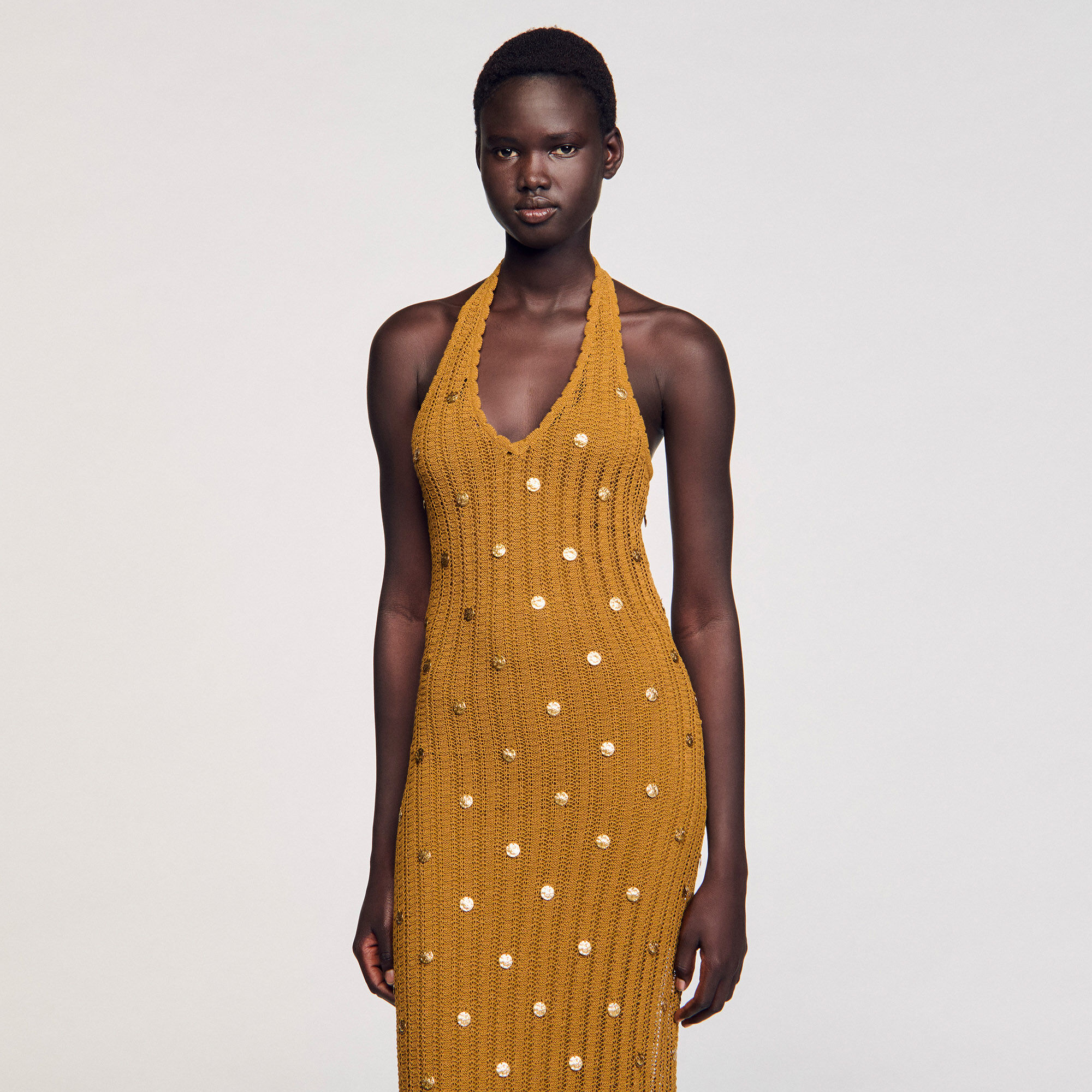 Robe longue en maille à pampilles