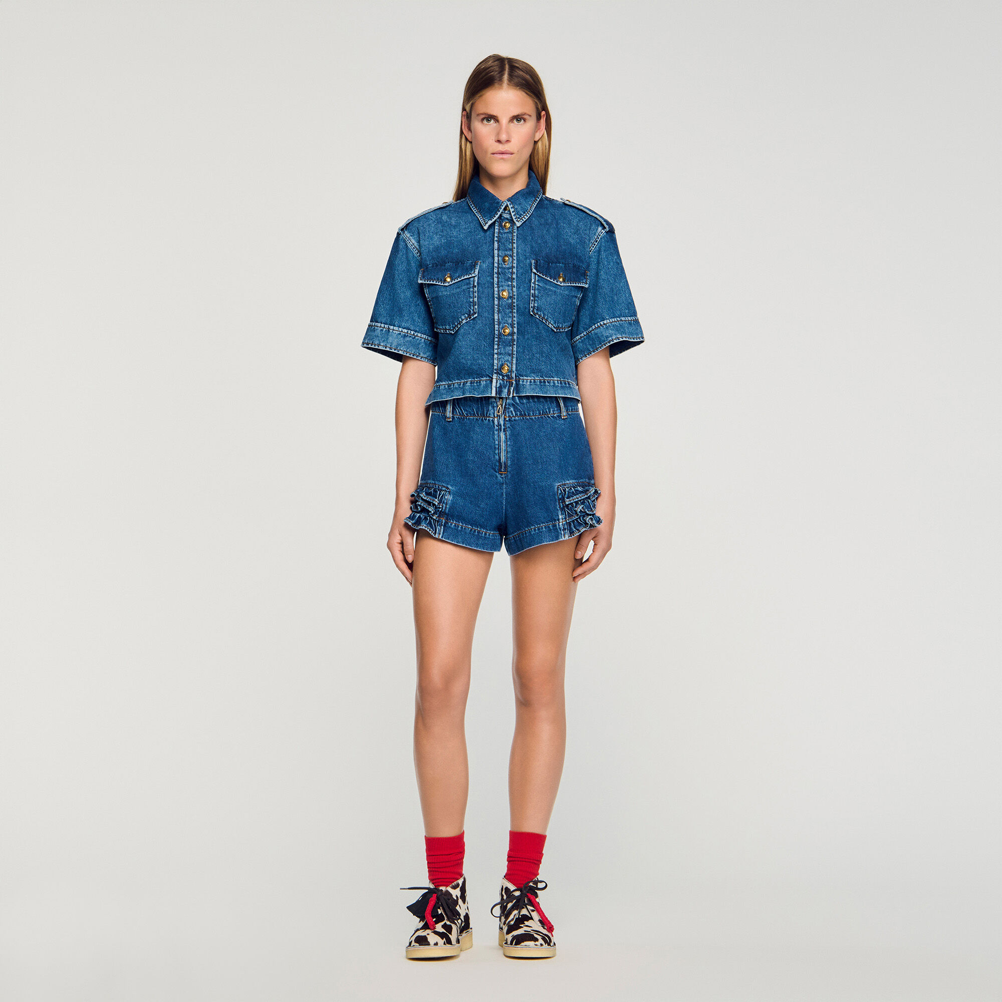 Short en denim à volants 