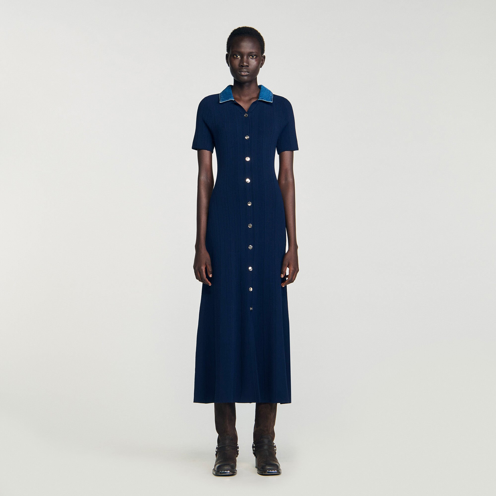 Robe longue maille col denim