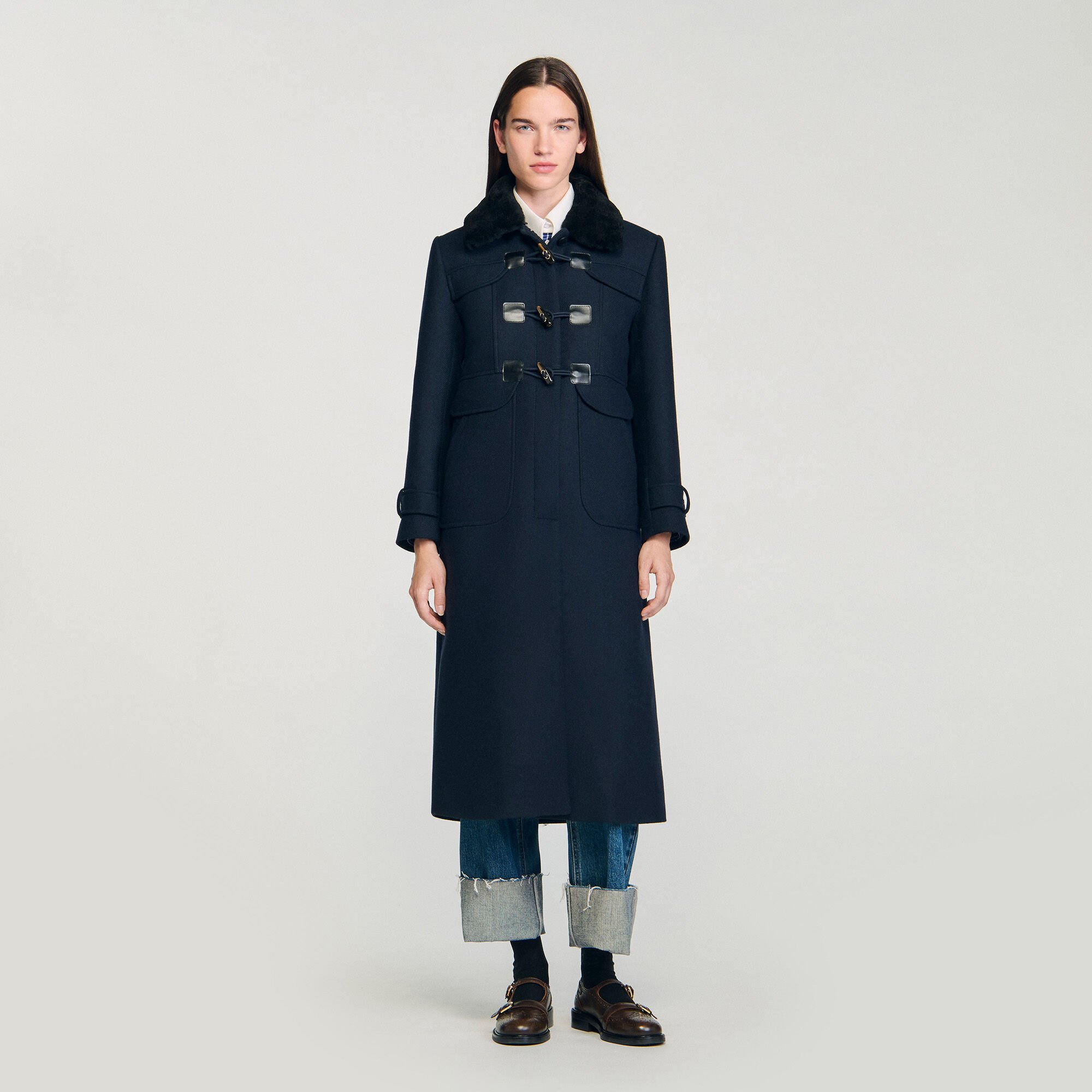 Manteau long avec col en peau lainée
