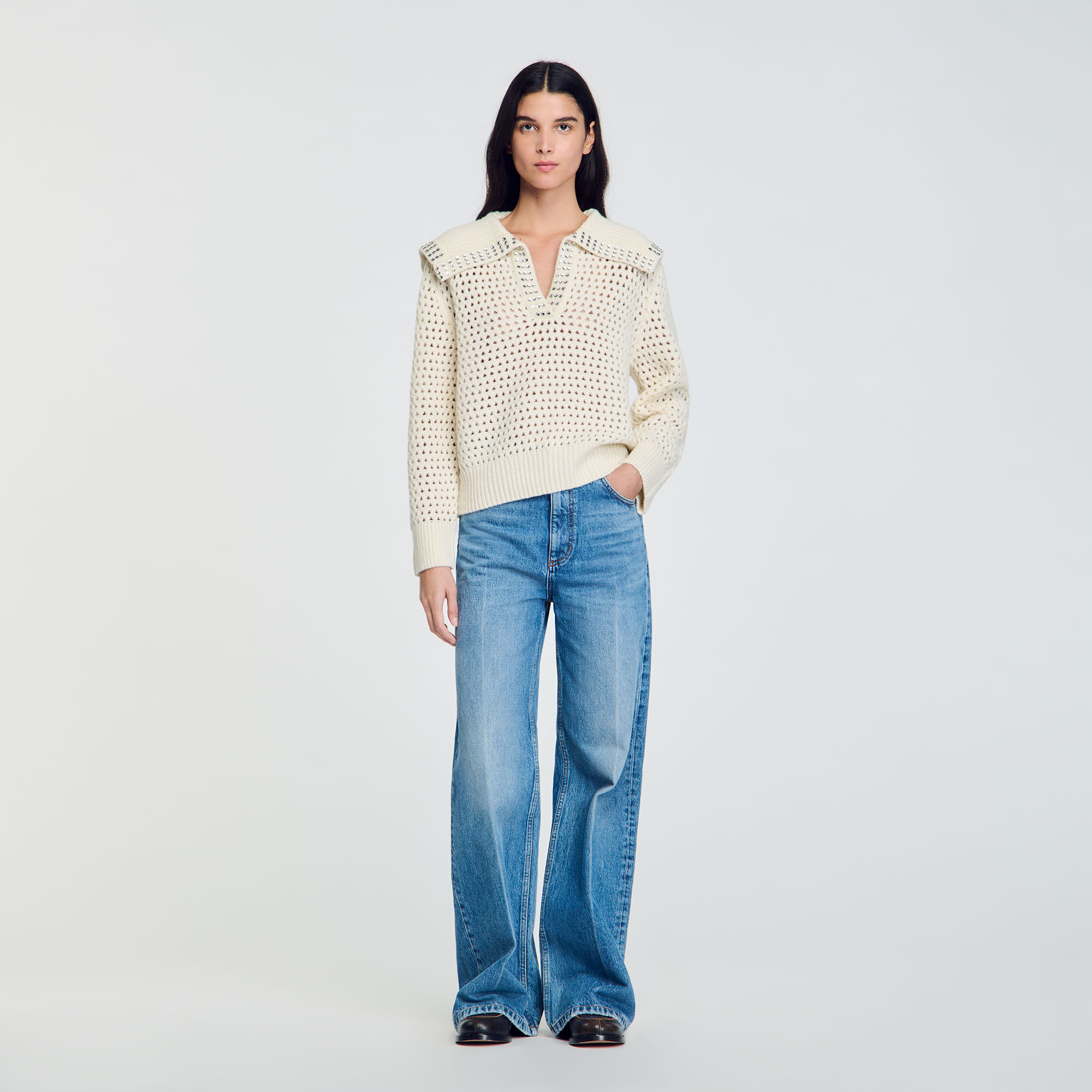 Pull en laine a col vareuse beige pour femme Sandro Paris
