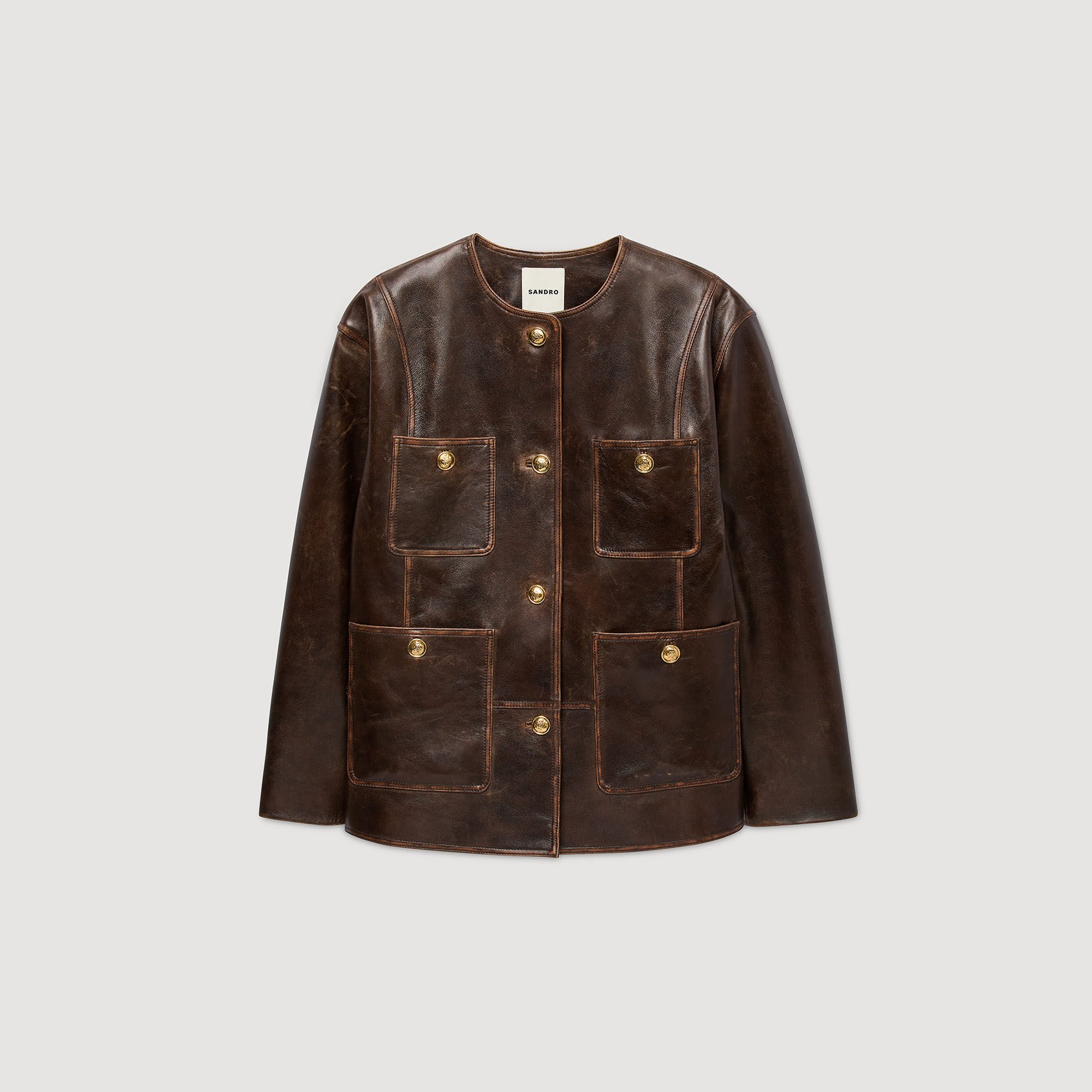 Blouson long en cuir vieilli