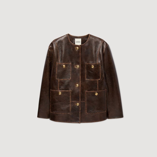 Blouson long en cuir vieilli