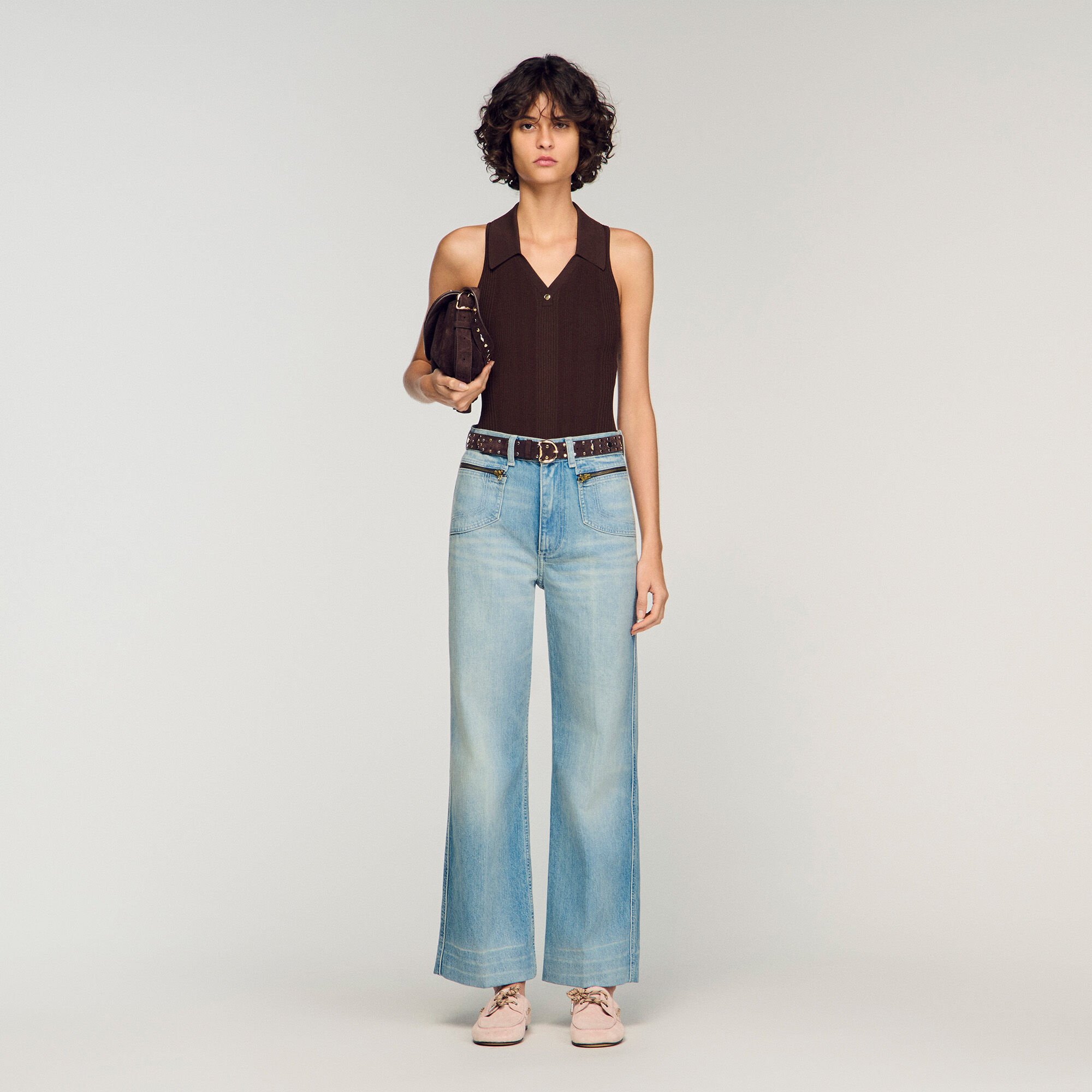 Jean droit coton d&eacute;lav&eacute; zipp&eacute;