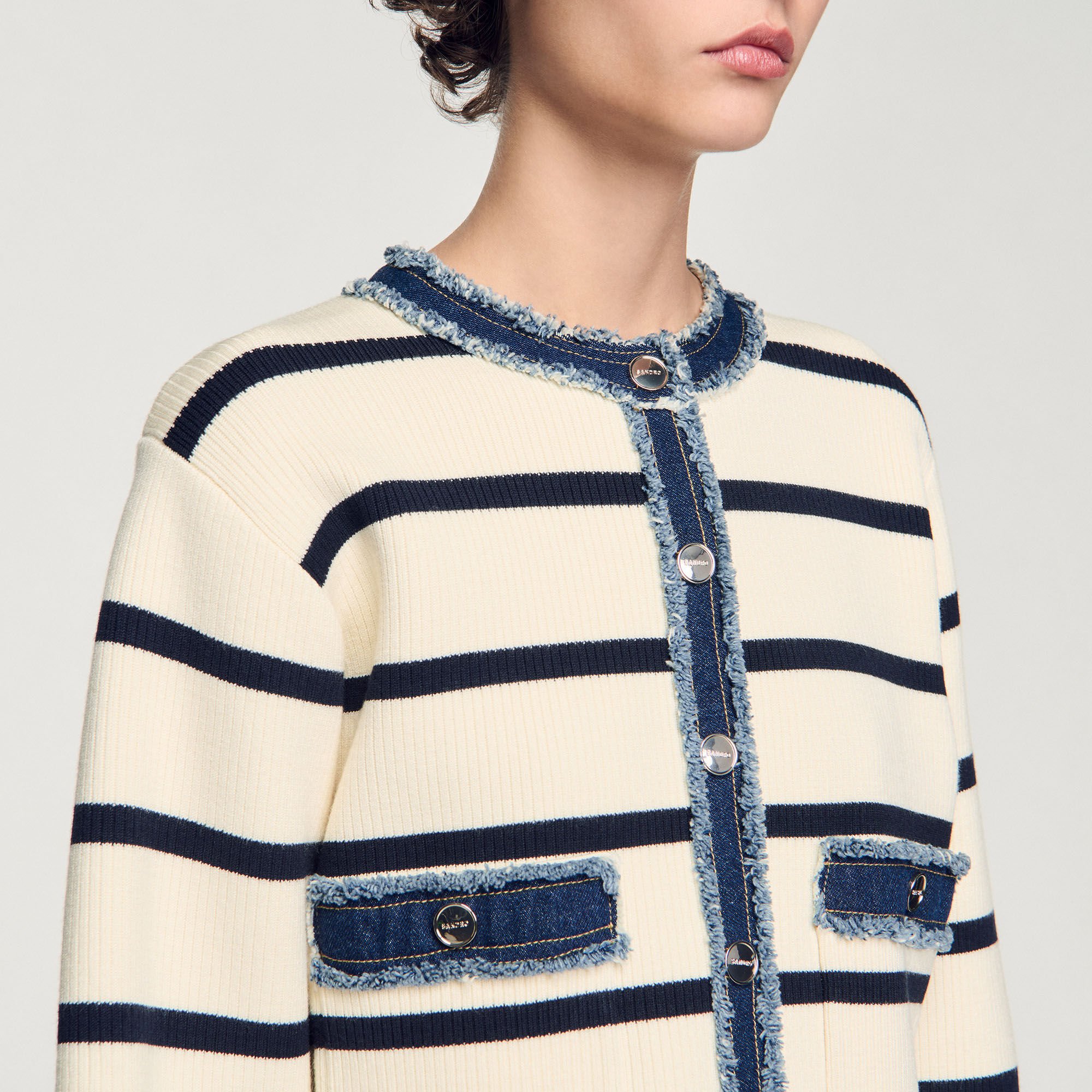 Cardigan rayé à détails denim