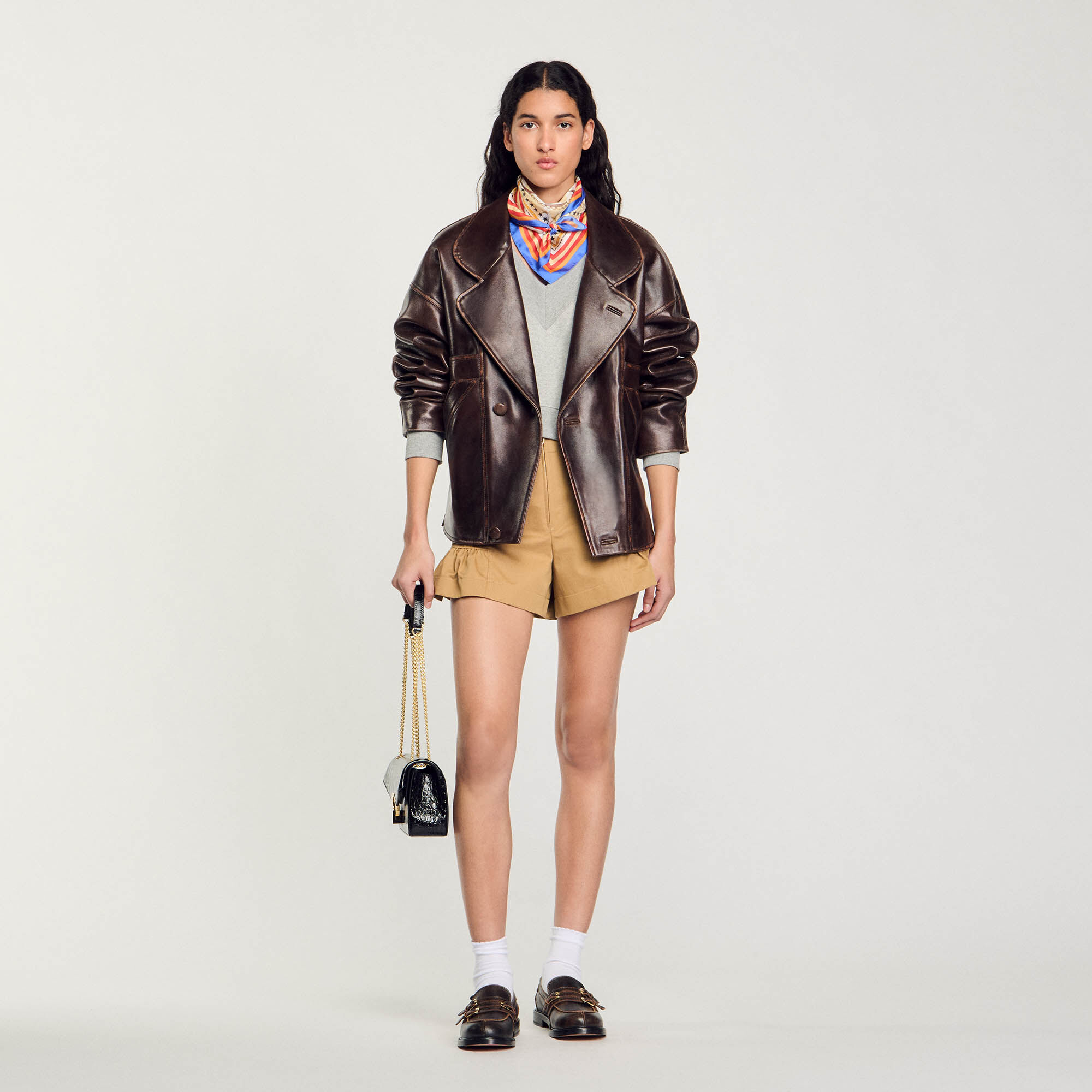 Blouson en cuir oversize marron pour femme Sandro Paris