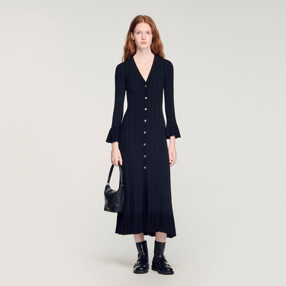 Sandro Robe longue en maille à volant – Noir