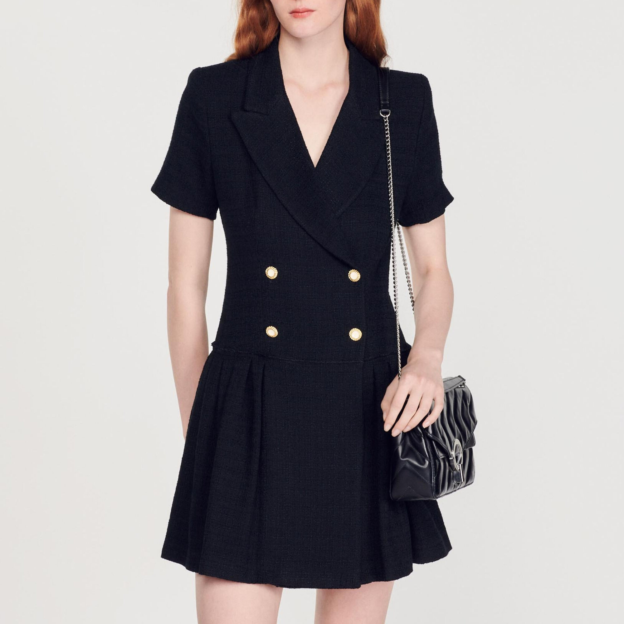 Robe courte en tweed gris noir pour femme Sandro Paris