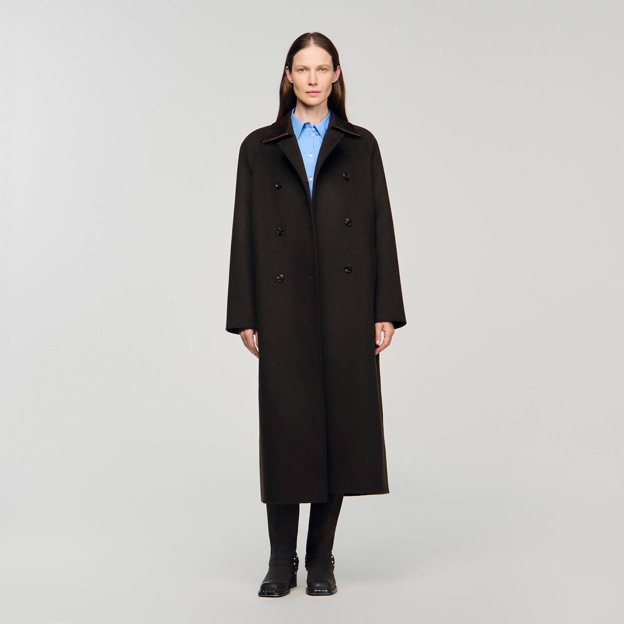 Manteau long en laine et cuir