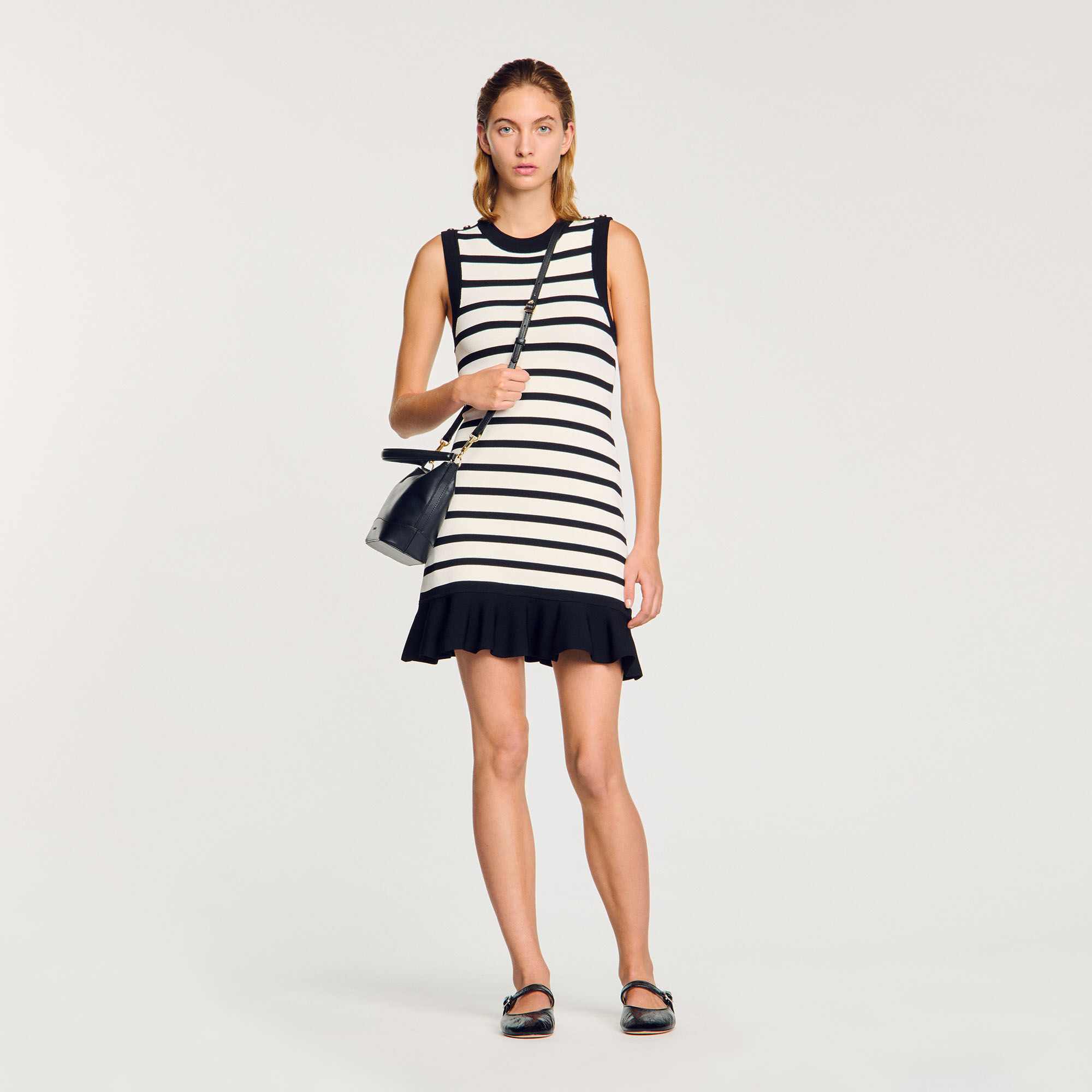 Robe courte en maille a rayures beige pour femme Sandro Paris