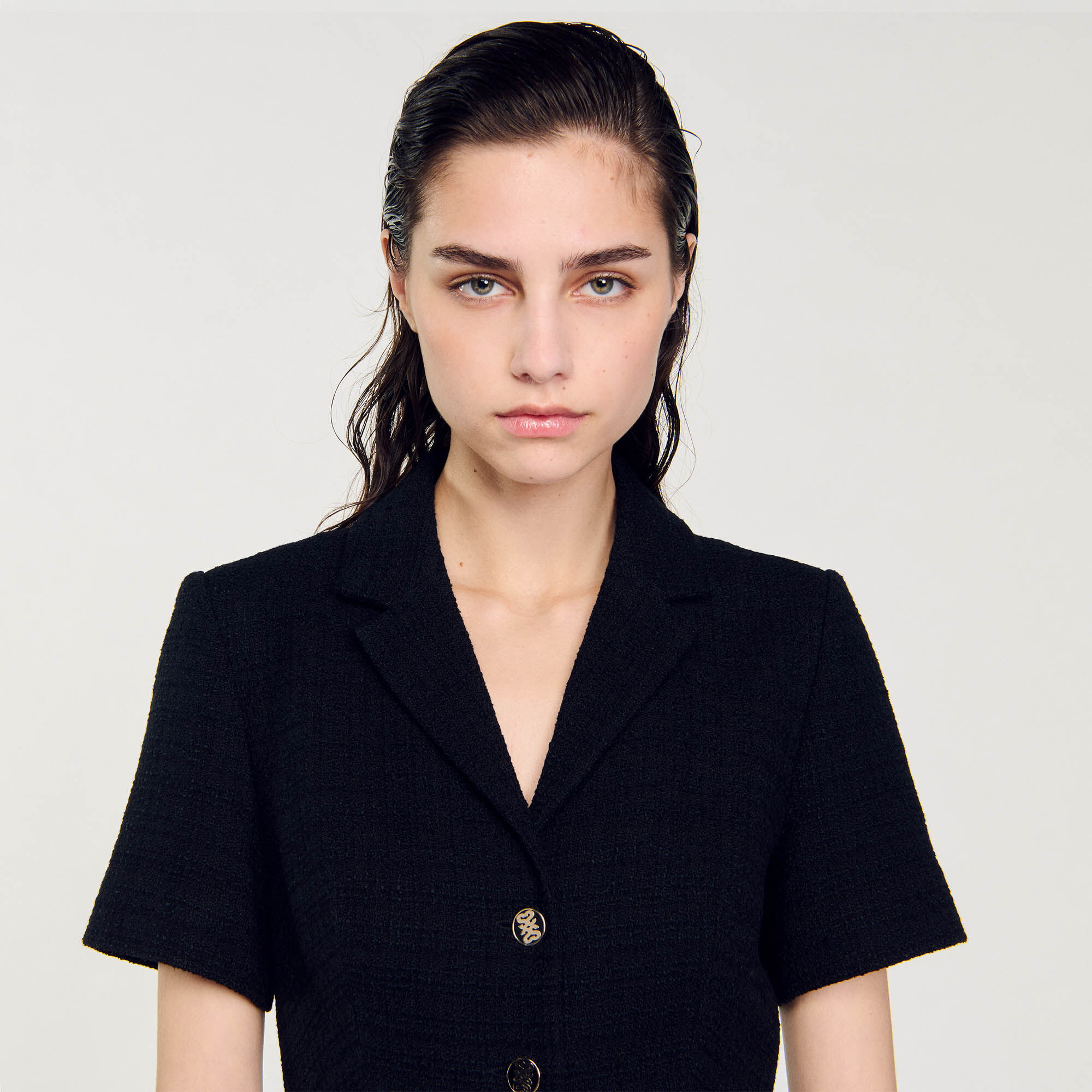 Robe courte en tweed gris / noir pour femme | Sandro Paris