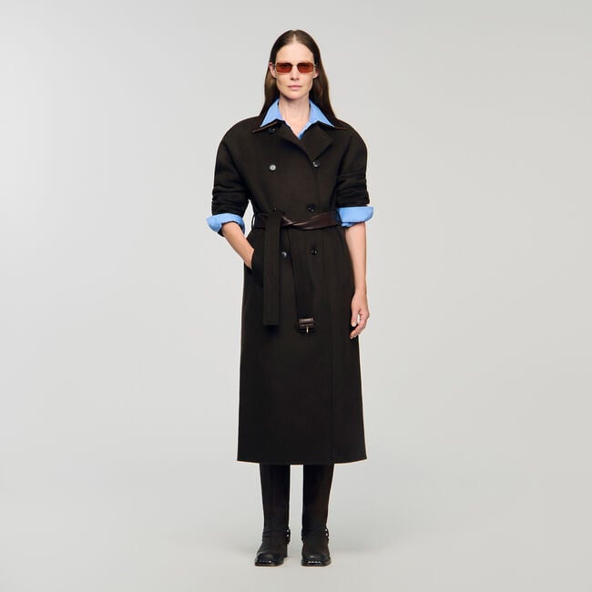 Manteau long en laine et cuir
