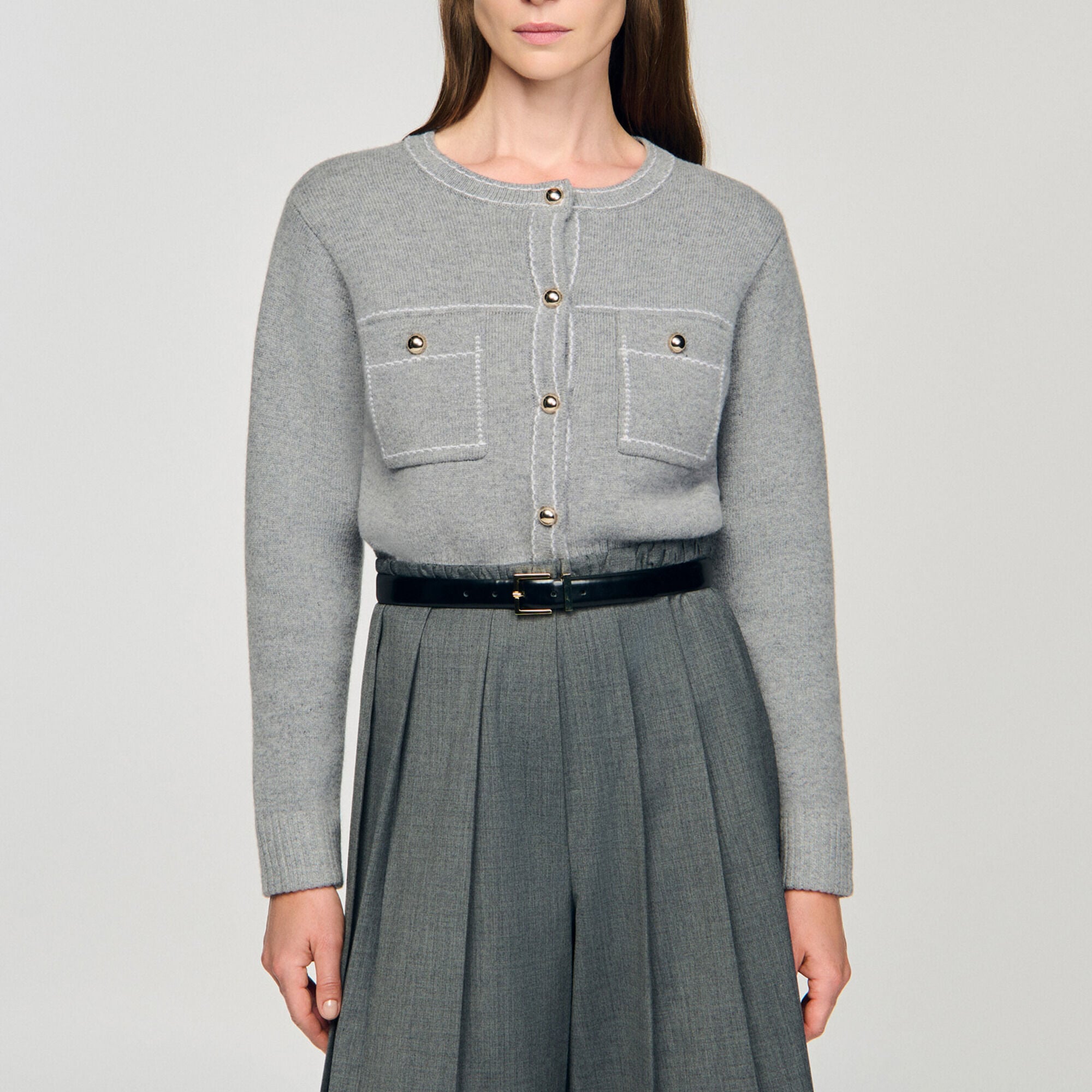 Cardigan &agrave; surpiq&ucirc;res contrast&eacute;es - Femme | Sandro Paris