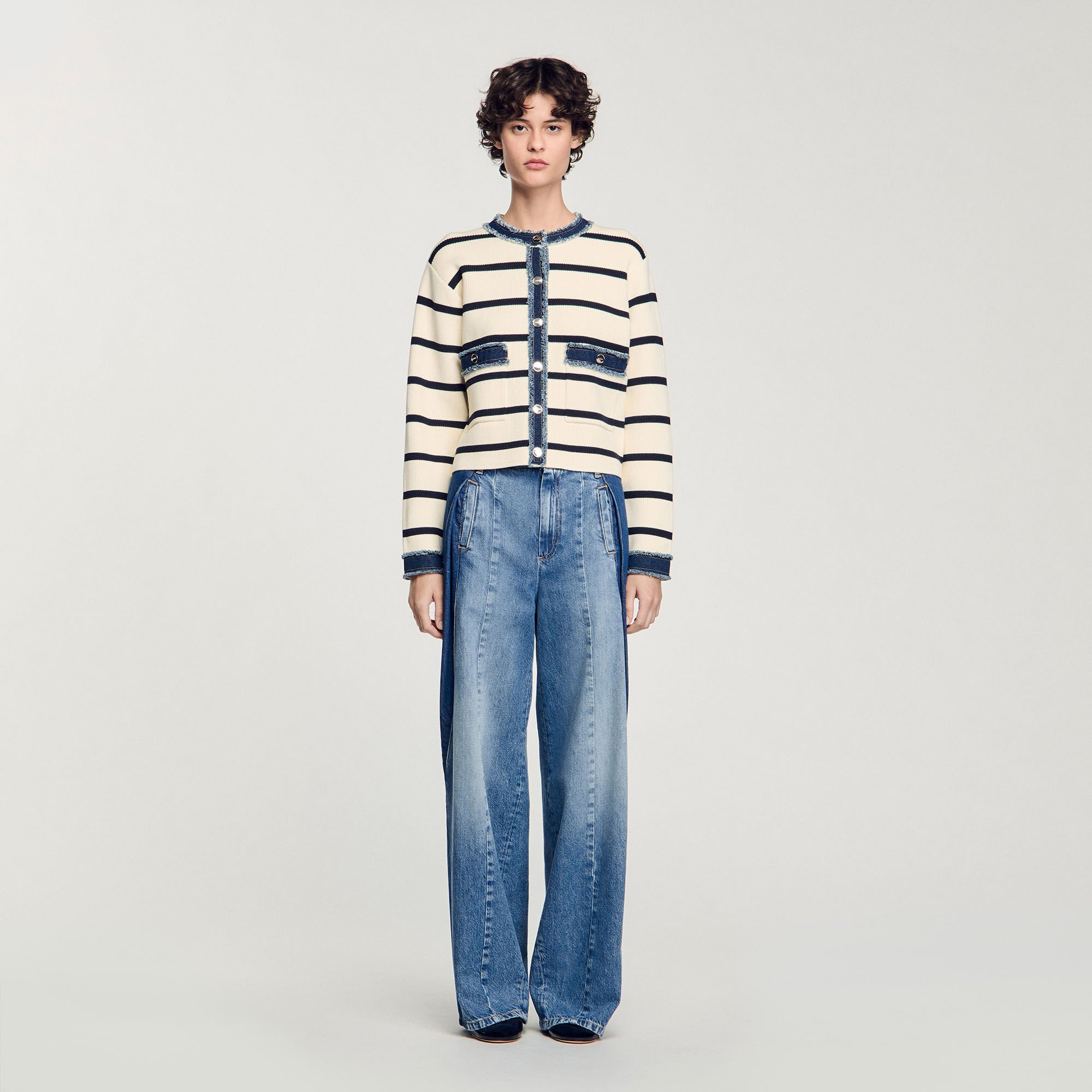 Cardigan rayé à détails denim