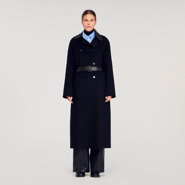 Manteau long en laine et cuir