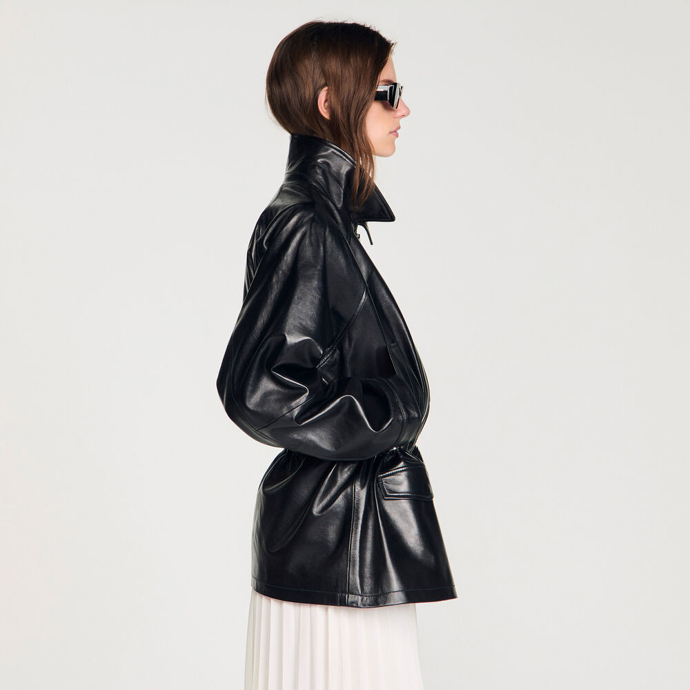 Sandro Blouson en cuir lisse – Noir – vue 4