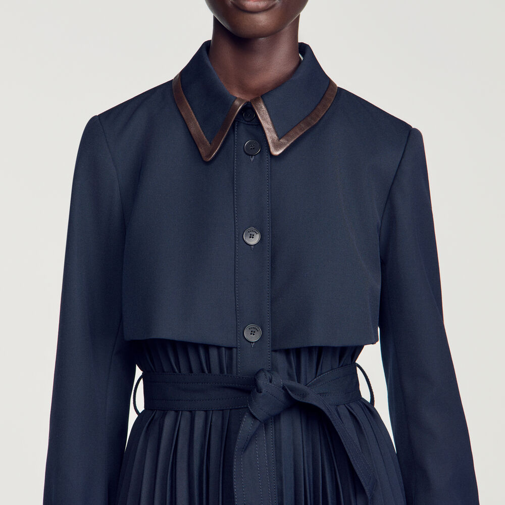 Sandro Trench avec col en cuir plissé – Marine – vue 3