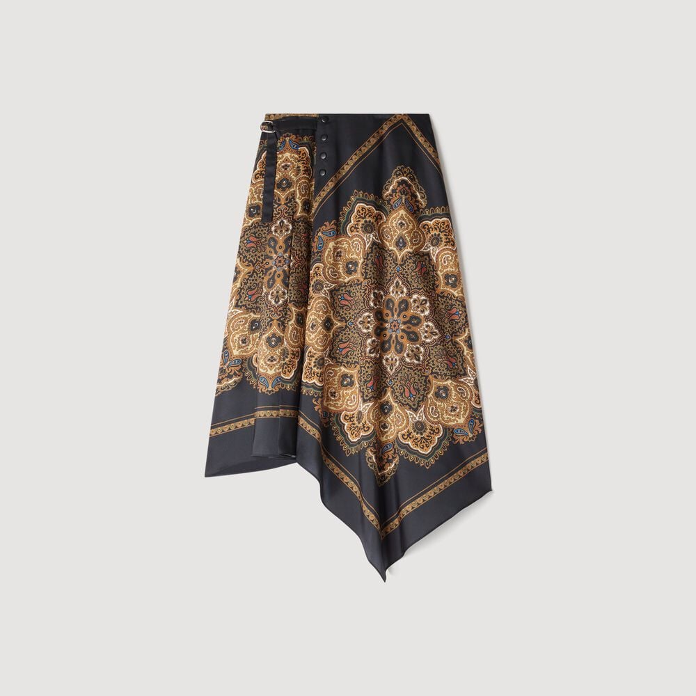 Sandro Jupe asymétrique imprimé foulard – Noir / Ocre – vue 6
