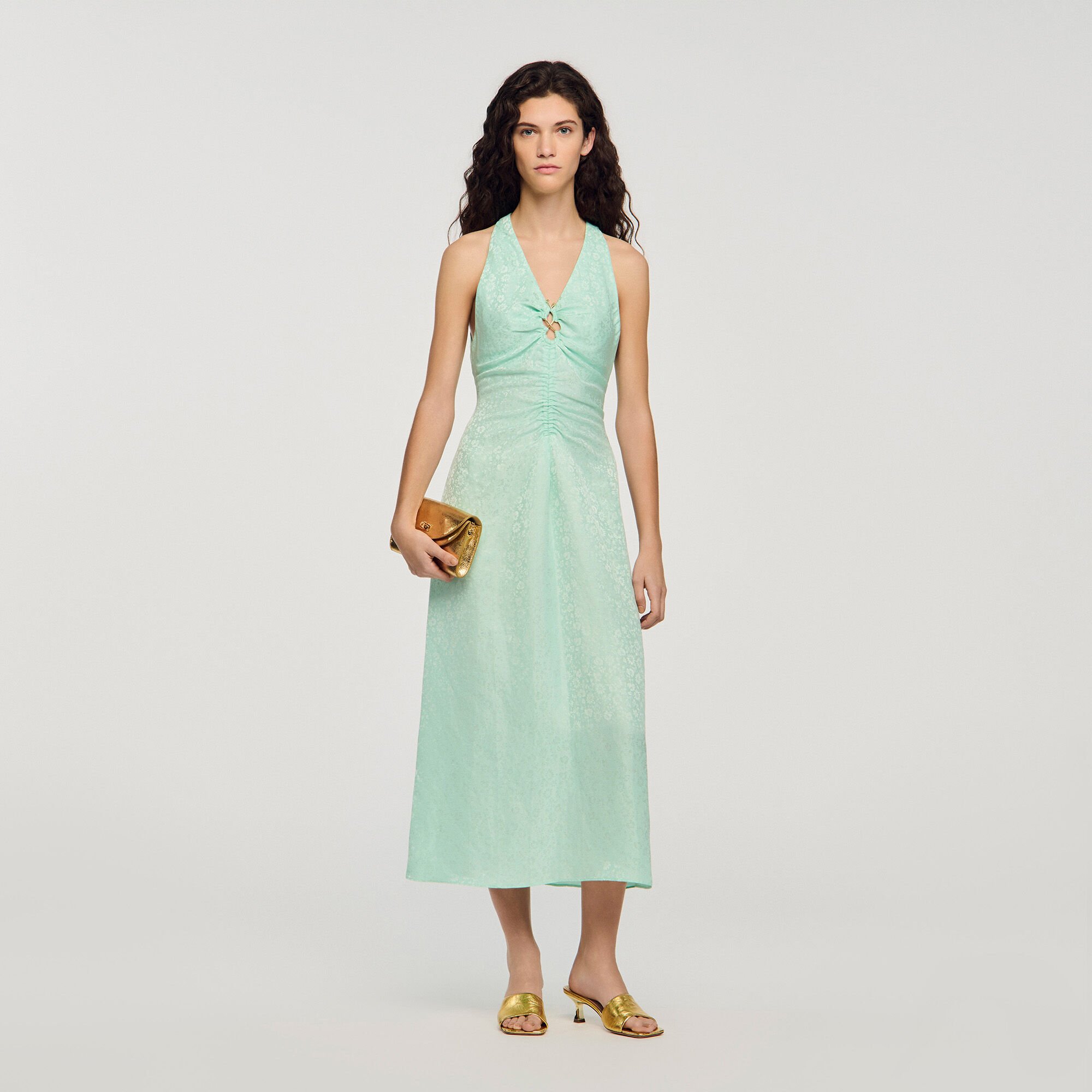 Robe longue imprim&eacute; fleur col V