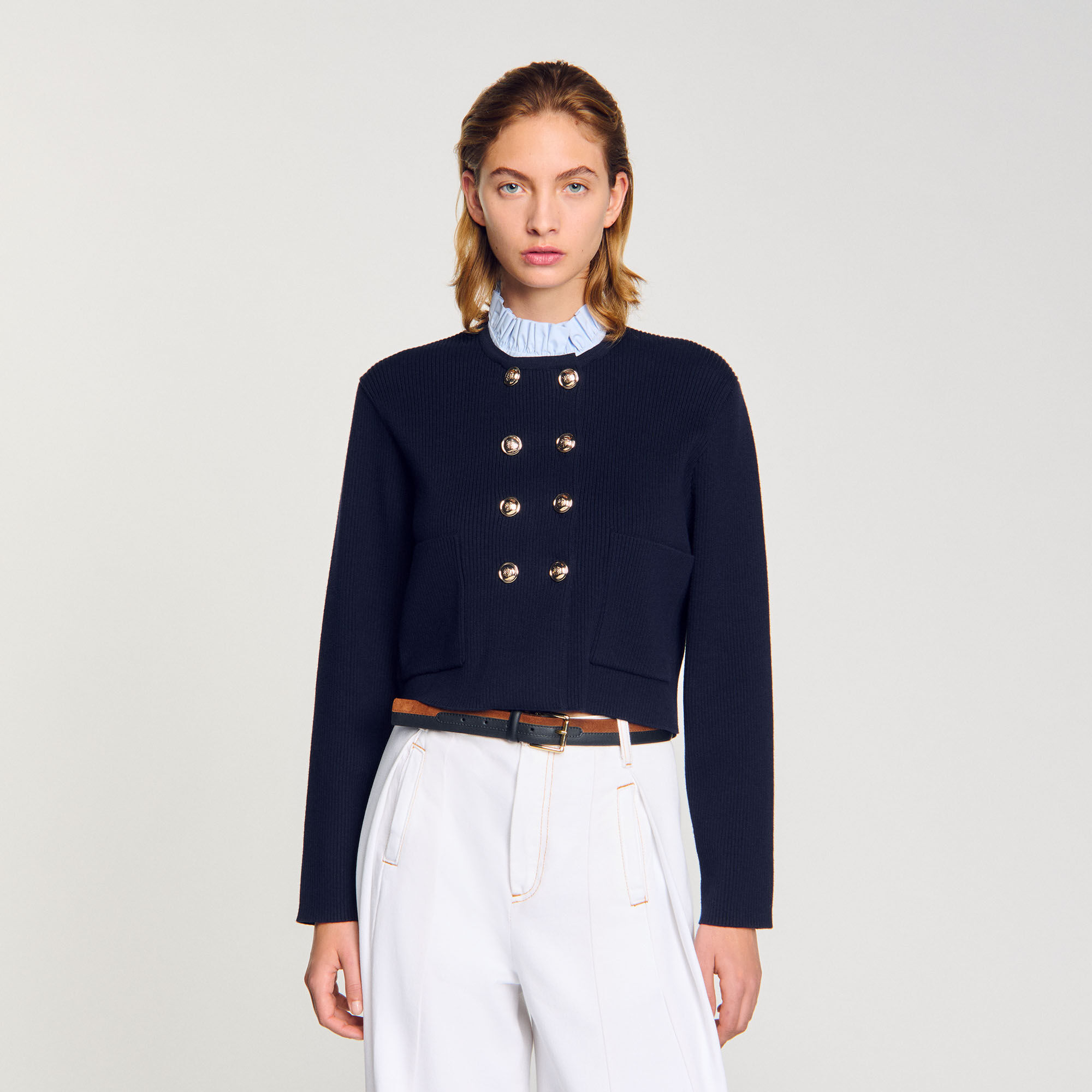 Cardigan à col volanté amovible