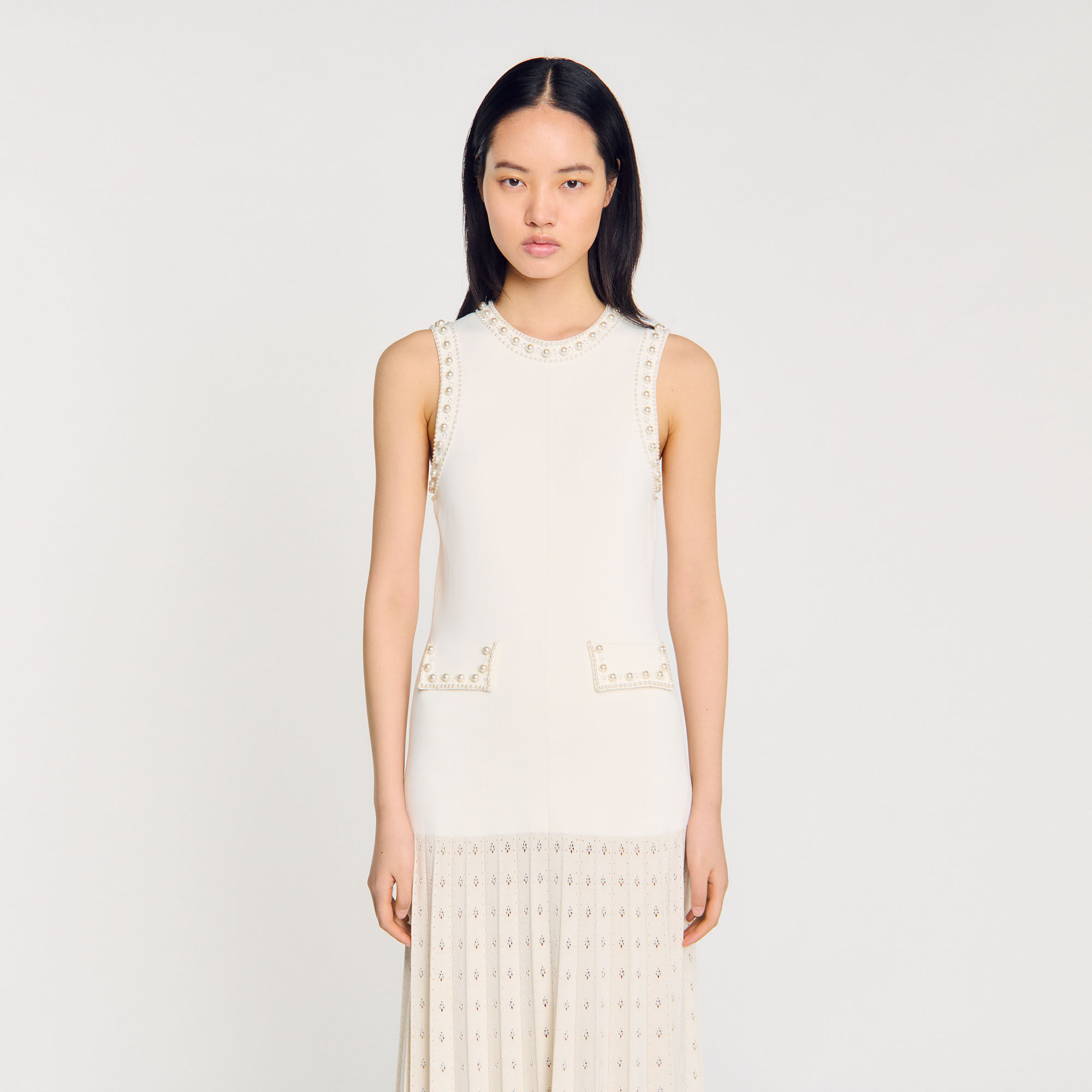 sandro★ ROBE LONGUE A DETAILS CROCHETES ワンピース Robe longue frangée à détails crochetés beige pour femme