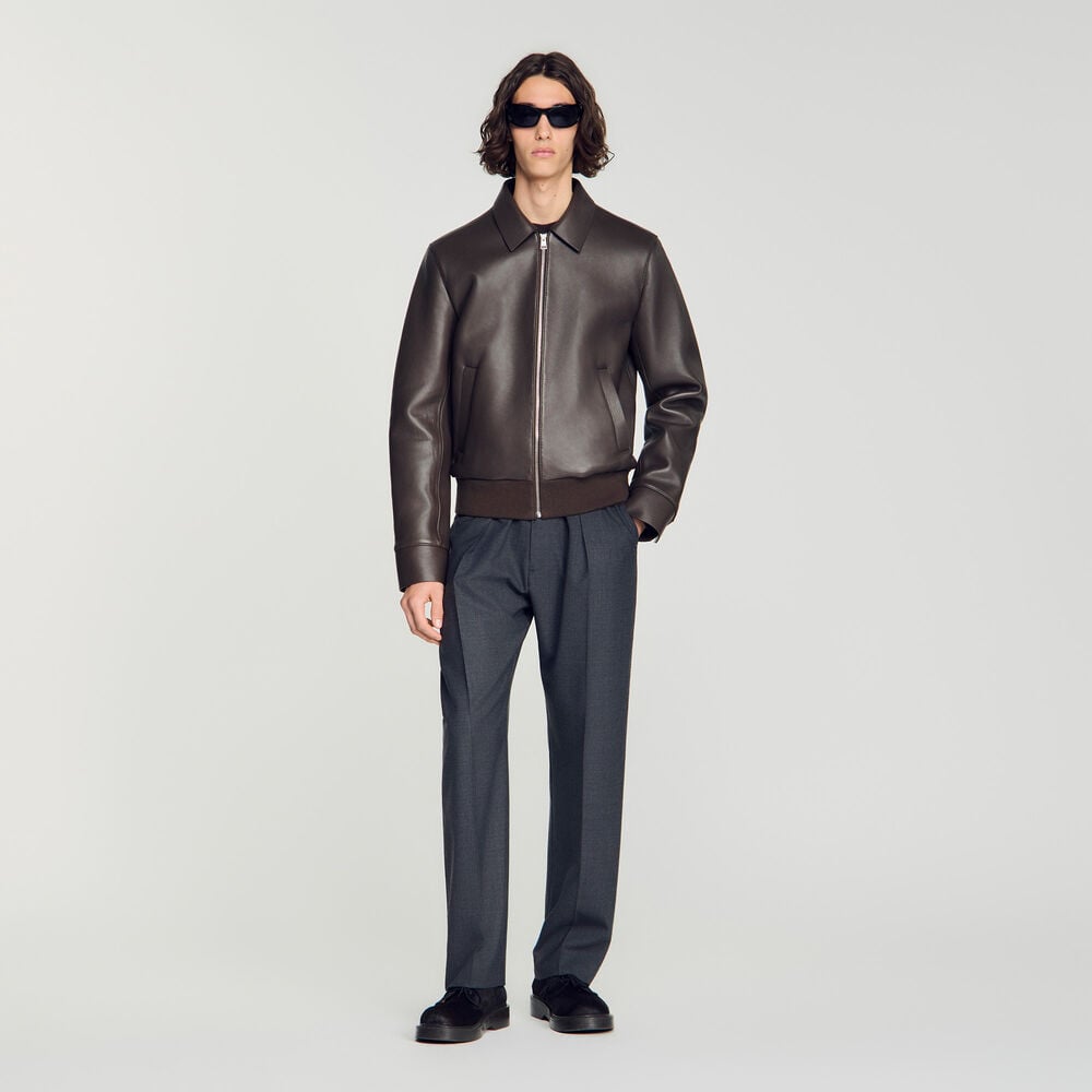 Sandro Blouson zippé en cuir d'agneau – Taupe