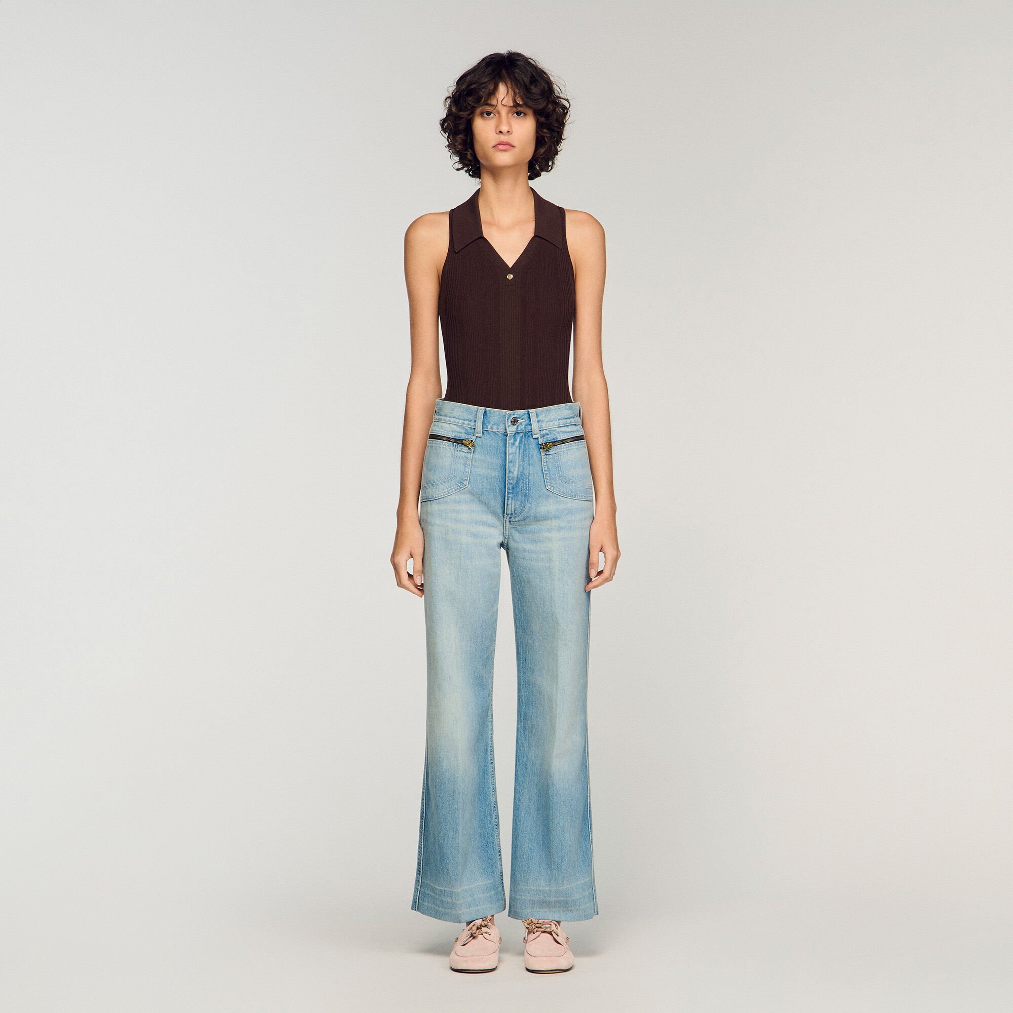 Jean droit coton d&eacute;lav&eacute; zipp&eacute;