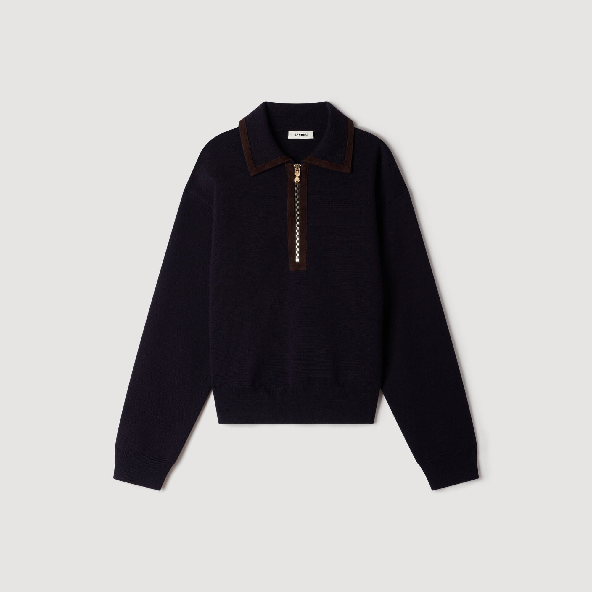 Pull polo zipp&eacute; &agrave; col en su&egrave;de - Femme | Sandro Paris