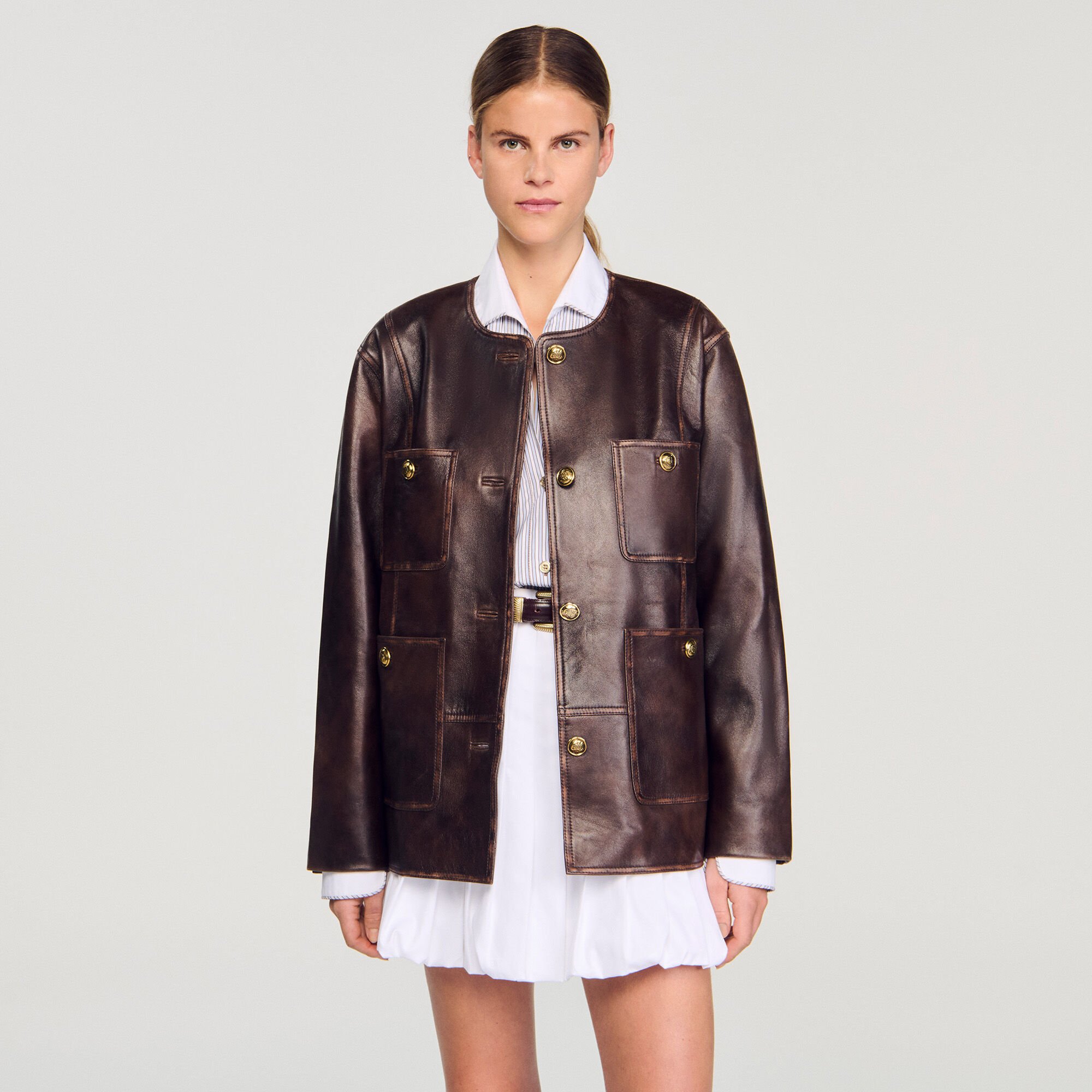 Blouson long en cuir vieilli