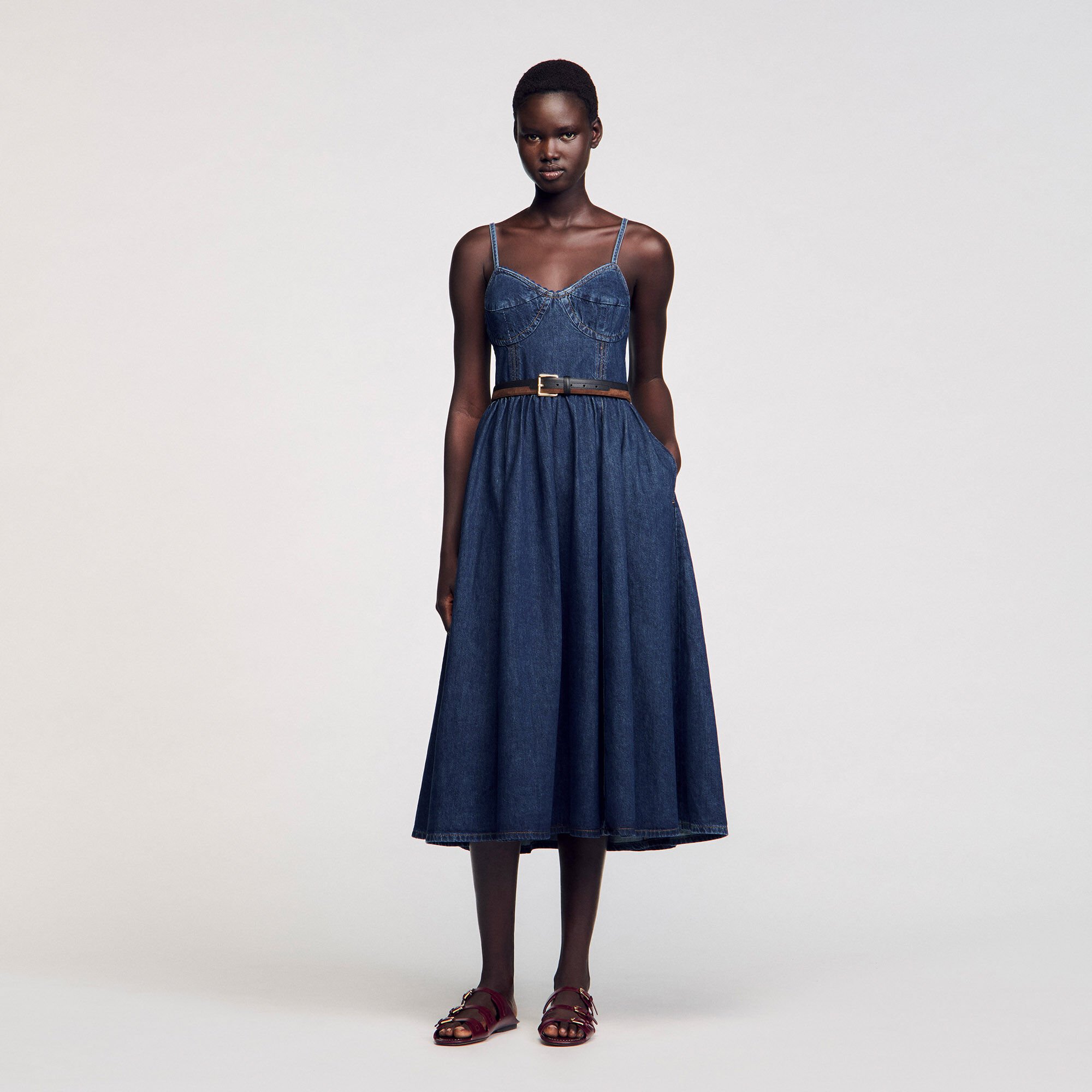 Sandro Femme Soldes Sandro Robes Robe Midi En Jean Bleu Pour