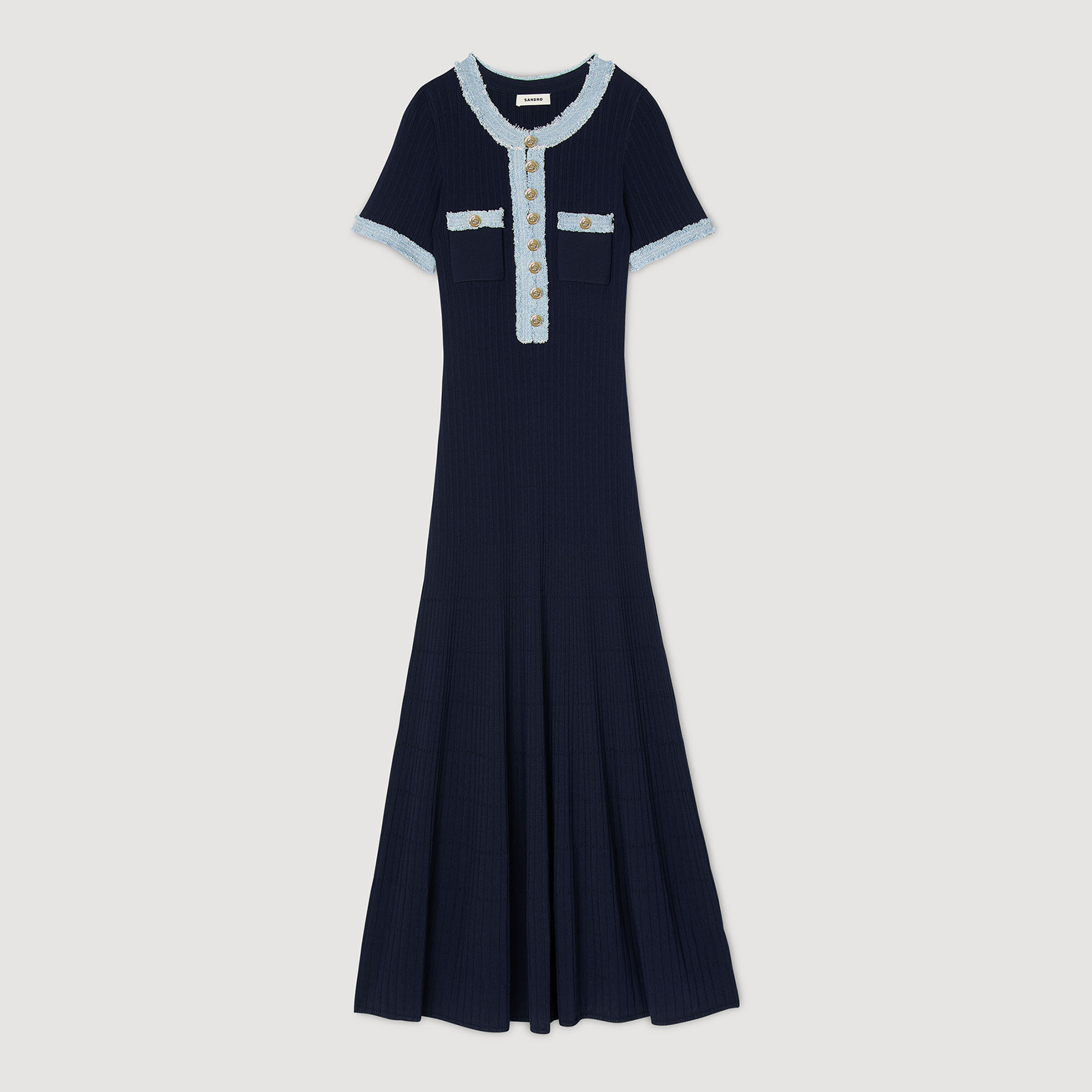 Robe longue en maille à détails denim bleu pour femme