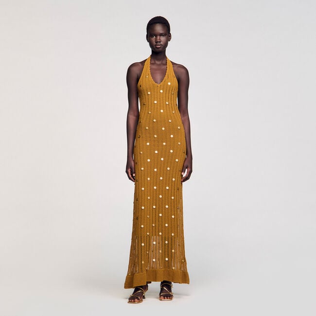 Robe longue en maille à pampilles