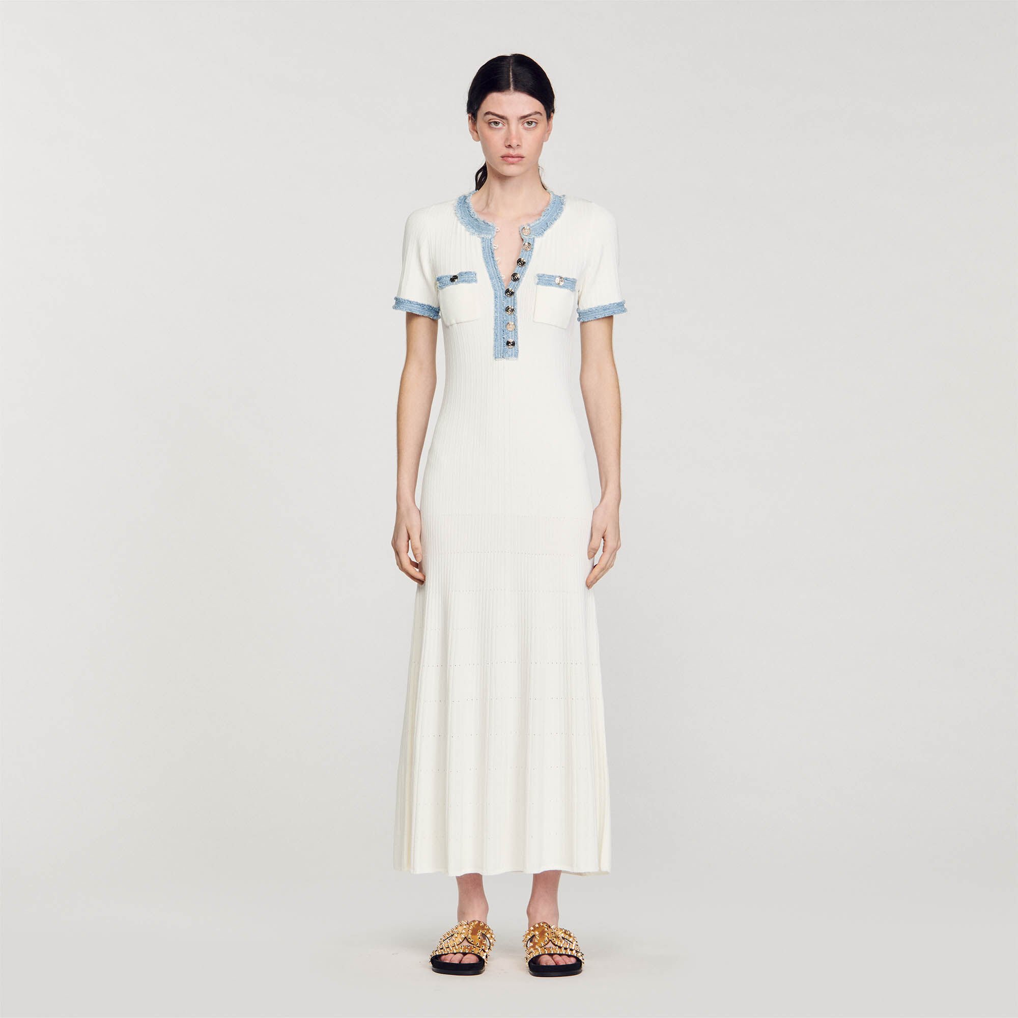 Robe midi en maille et denim beige pour femme Sandro Paris