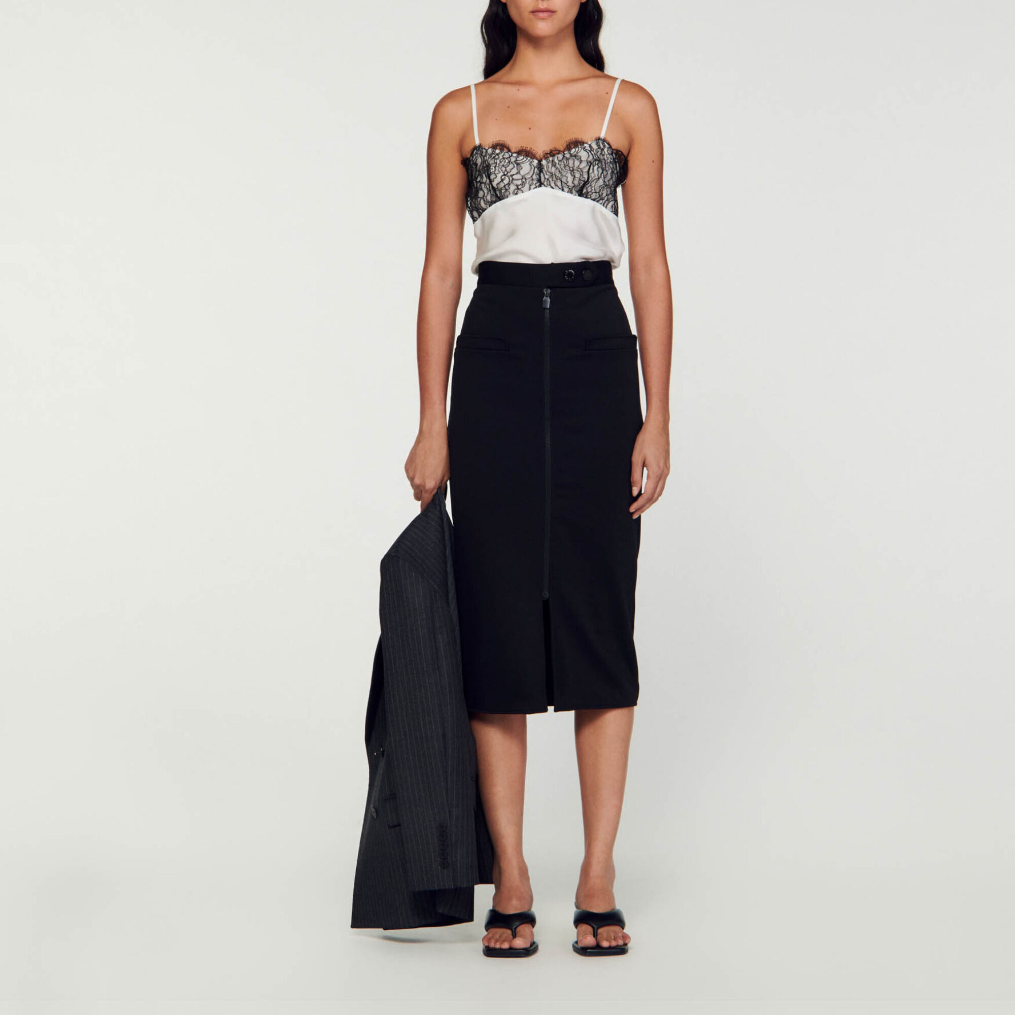 Jupe droite zipp e Black Gray Sandro Paris