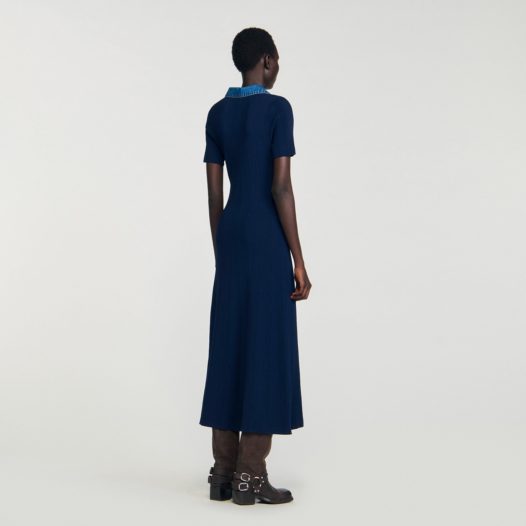 Robe longue maille col denim