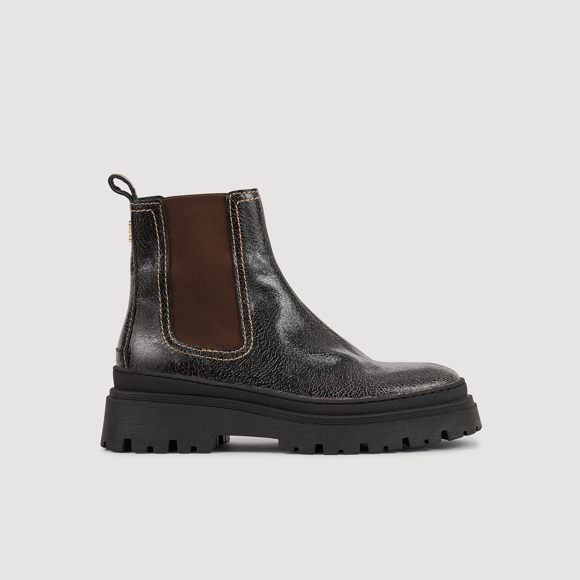 Boots Chelsea en cuir craquele gris noir pour femme Sandro Paris