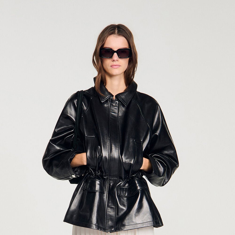 Sandro Blouson en cuir lisse – Noir – vue 6