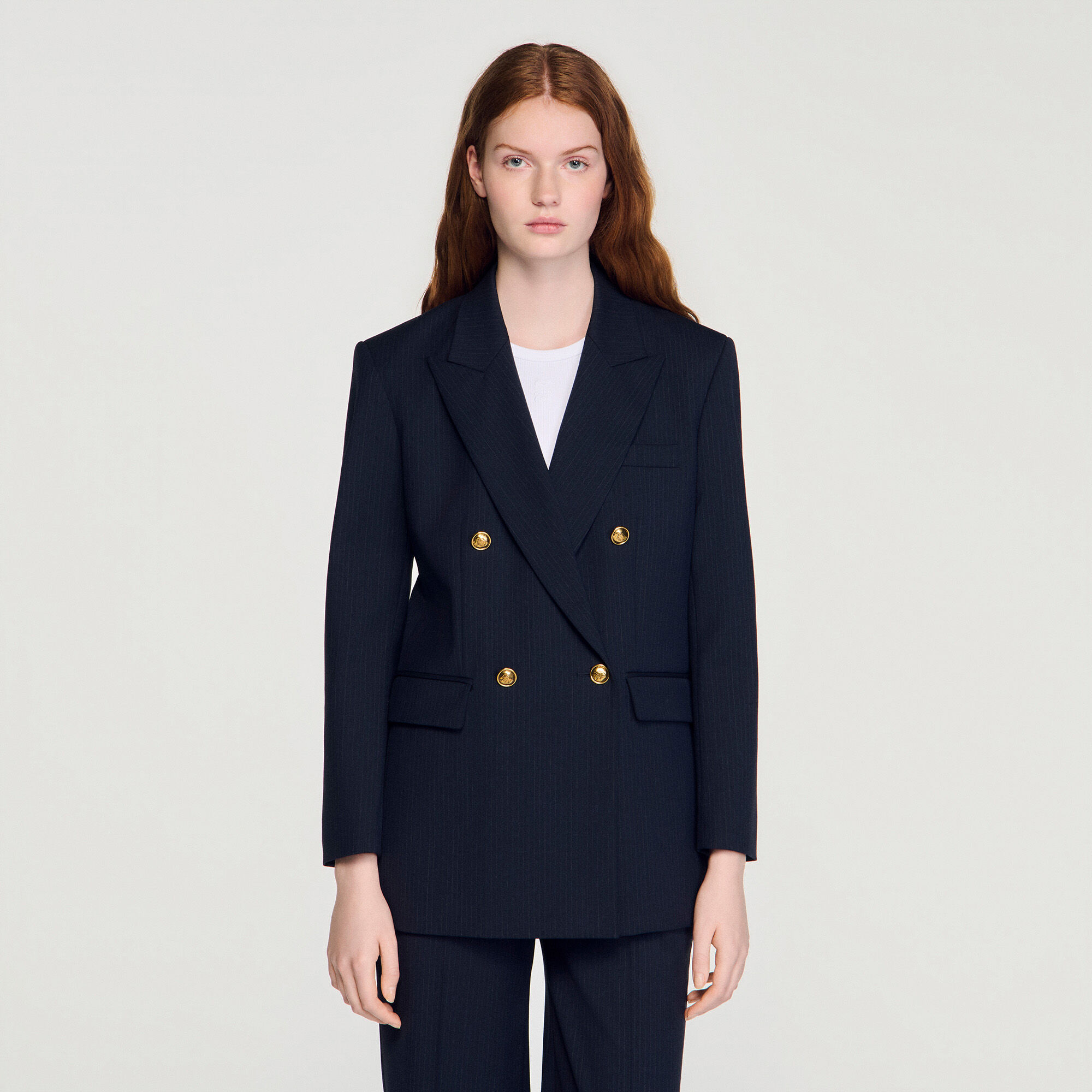 Veste Blazer Liberto Grise à Fines Rayures - Taille L (taille Petit, Convient 38/M) - Coton - Détail Brodé Rose