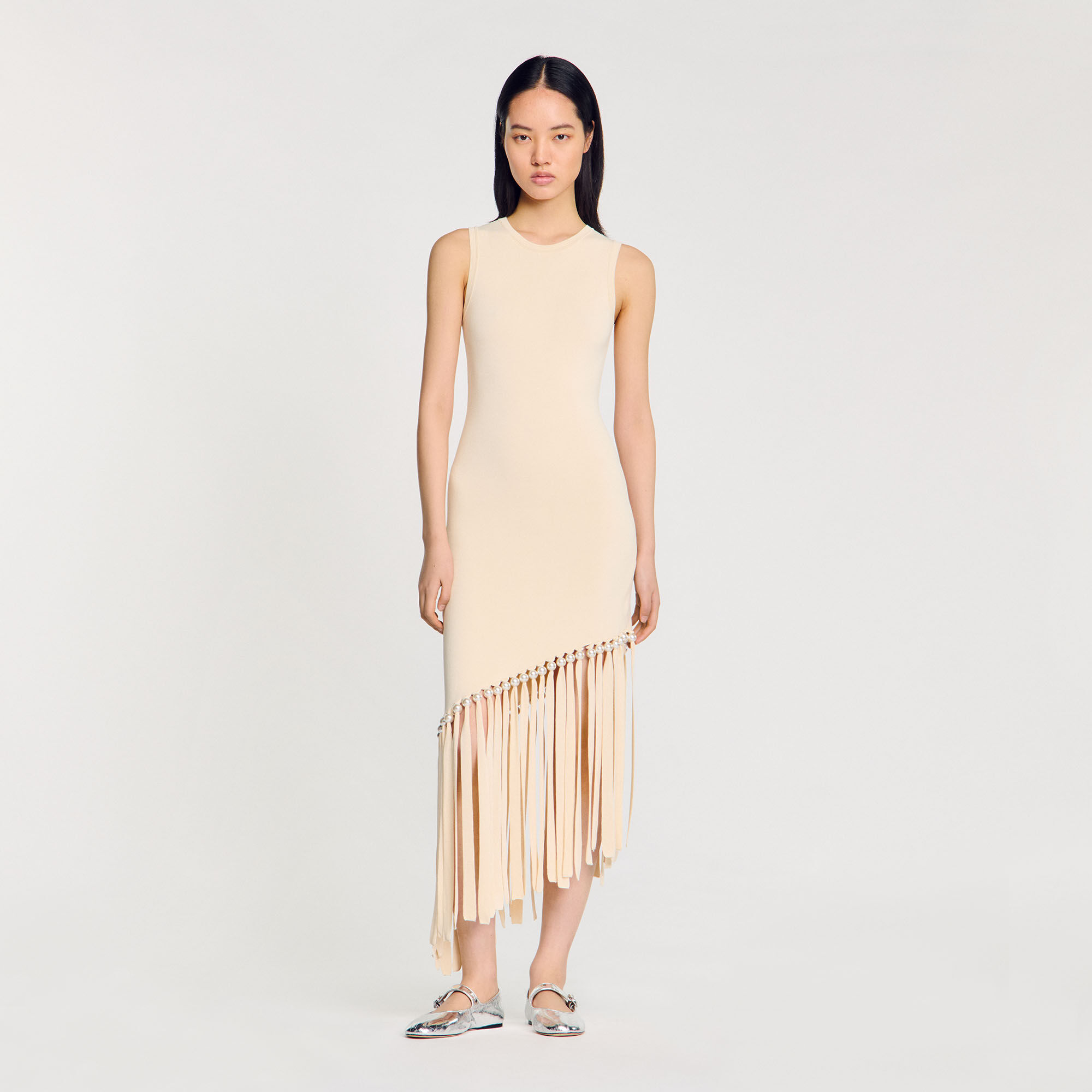 Robe midi en maille frangée et perlée beige pour femme