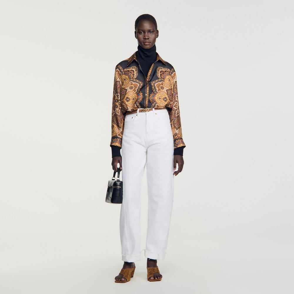 Sandro Chemise en soie imprimé foulard – Noir / Ocre