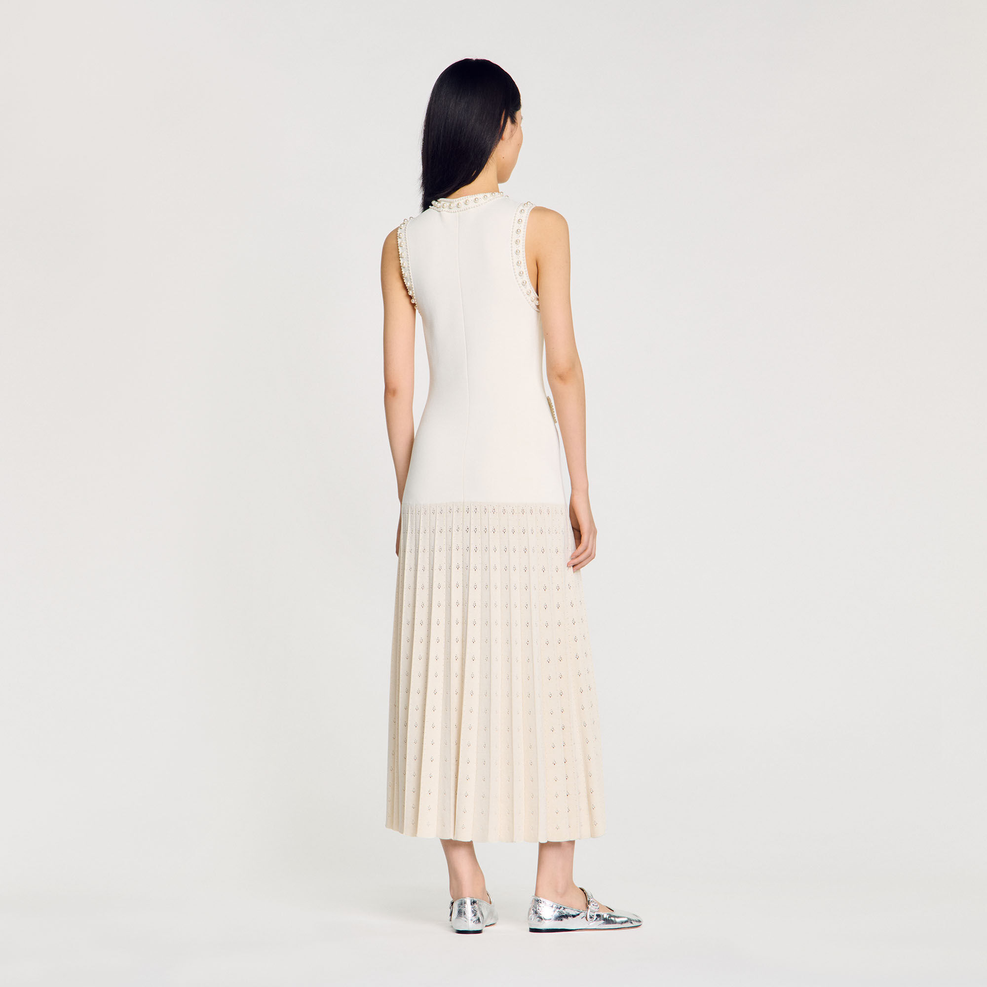 Robe longue en maille perlée beige pour femme | Sandro Paris