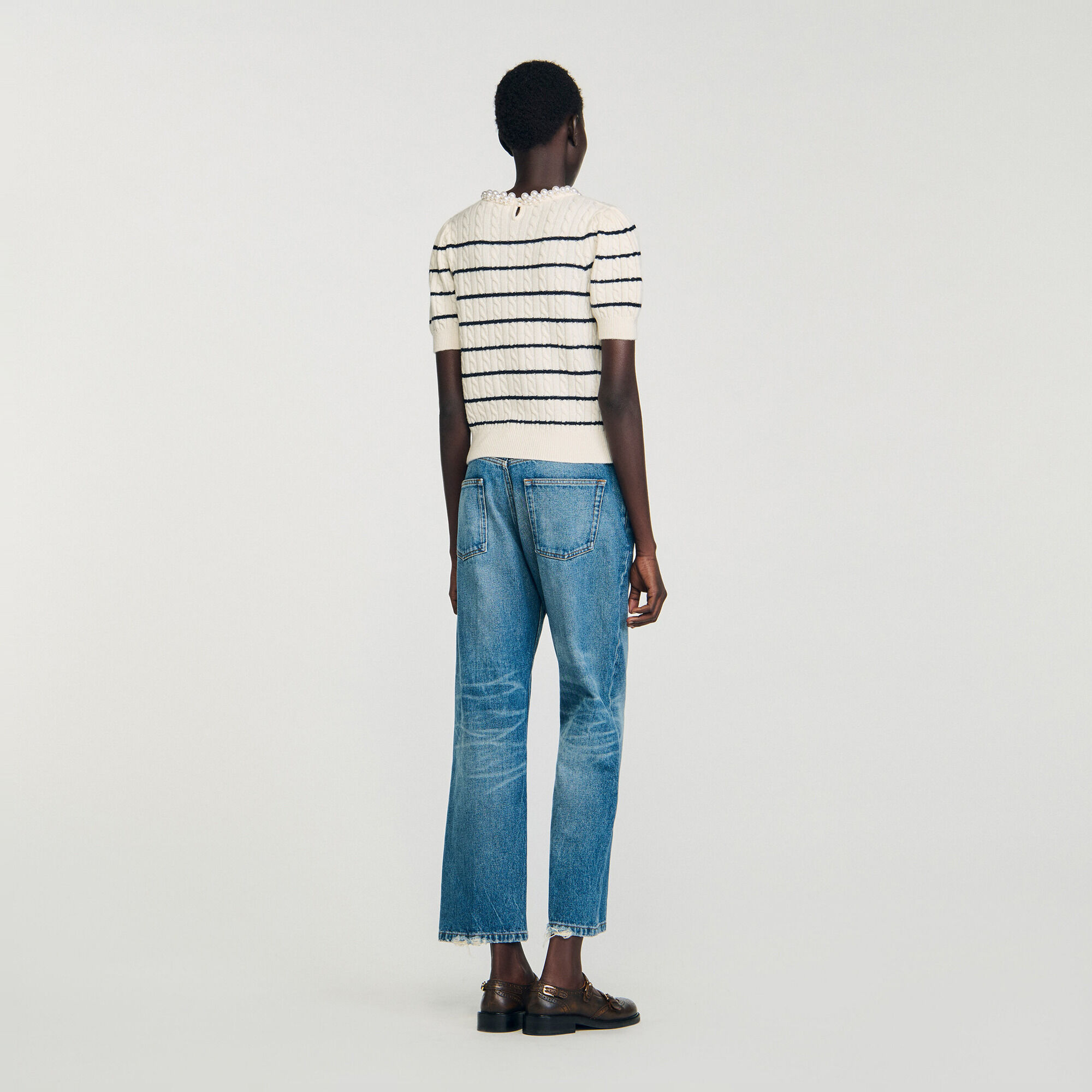 Pull &agrave; rayures et col perl&eacute; - Femme | Sandro Paris