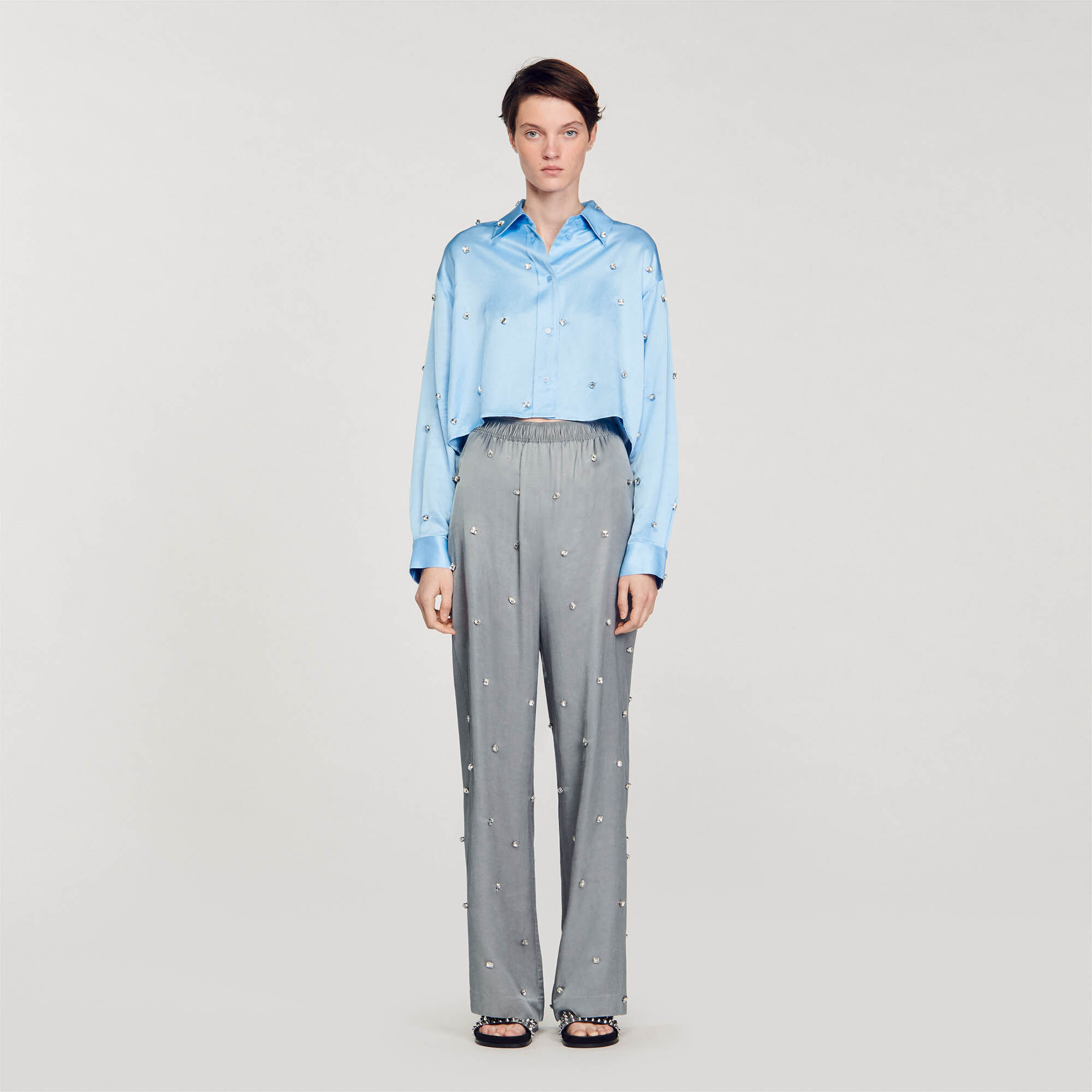 Pantalon en lin orne de strass gris noir pour femme Sandro Paris