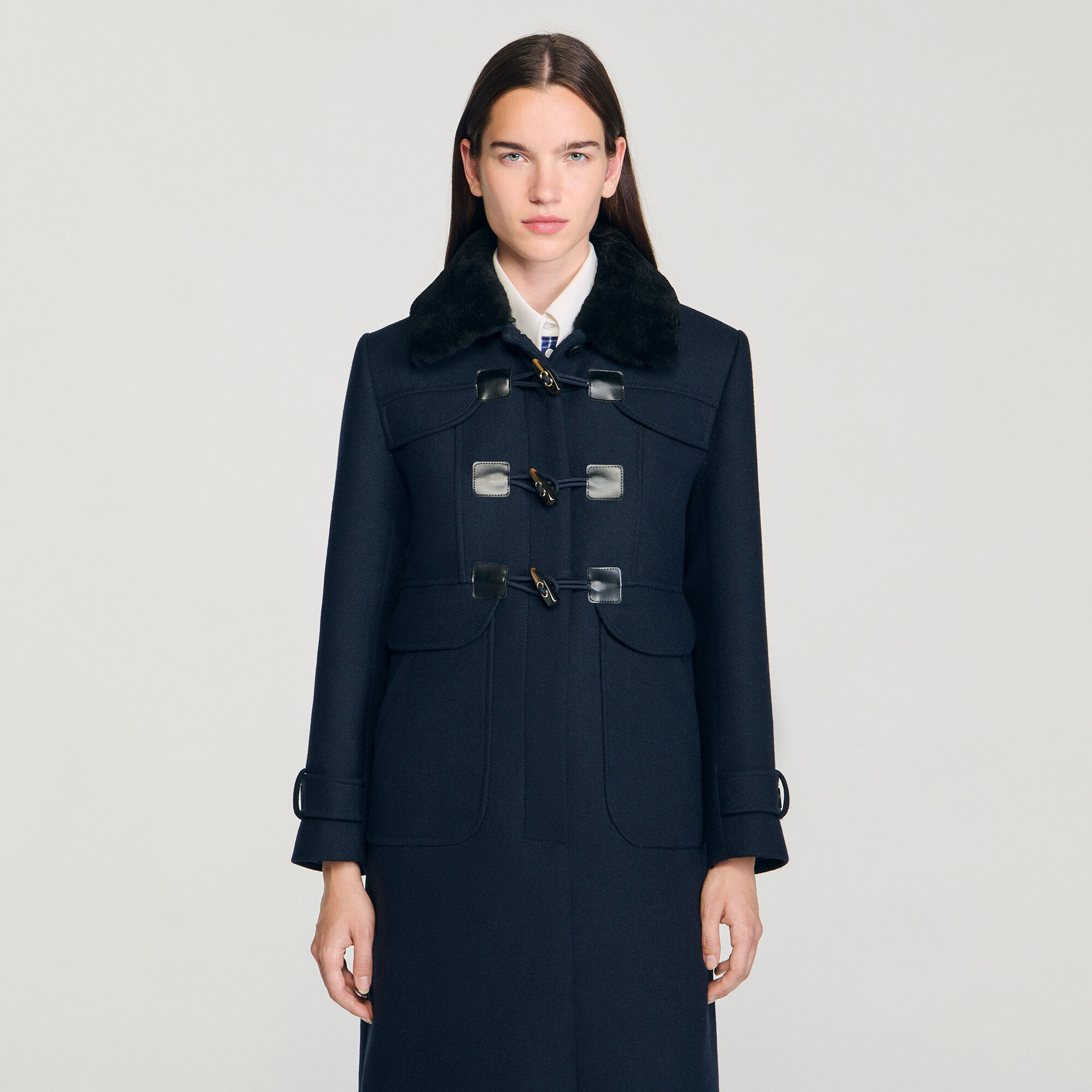 Manteau long avec col en peau lainée